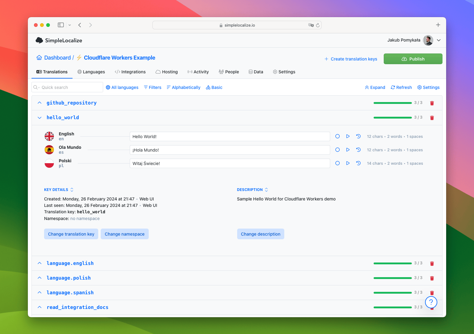 SimpleLocalize project with translation keys