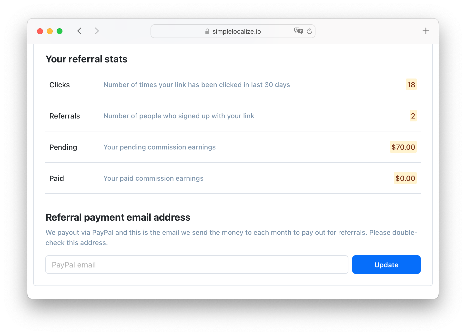 referral link statistics and payout email