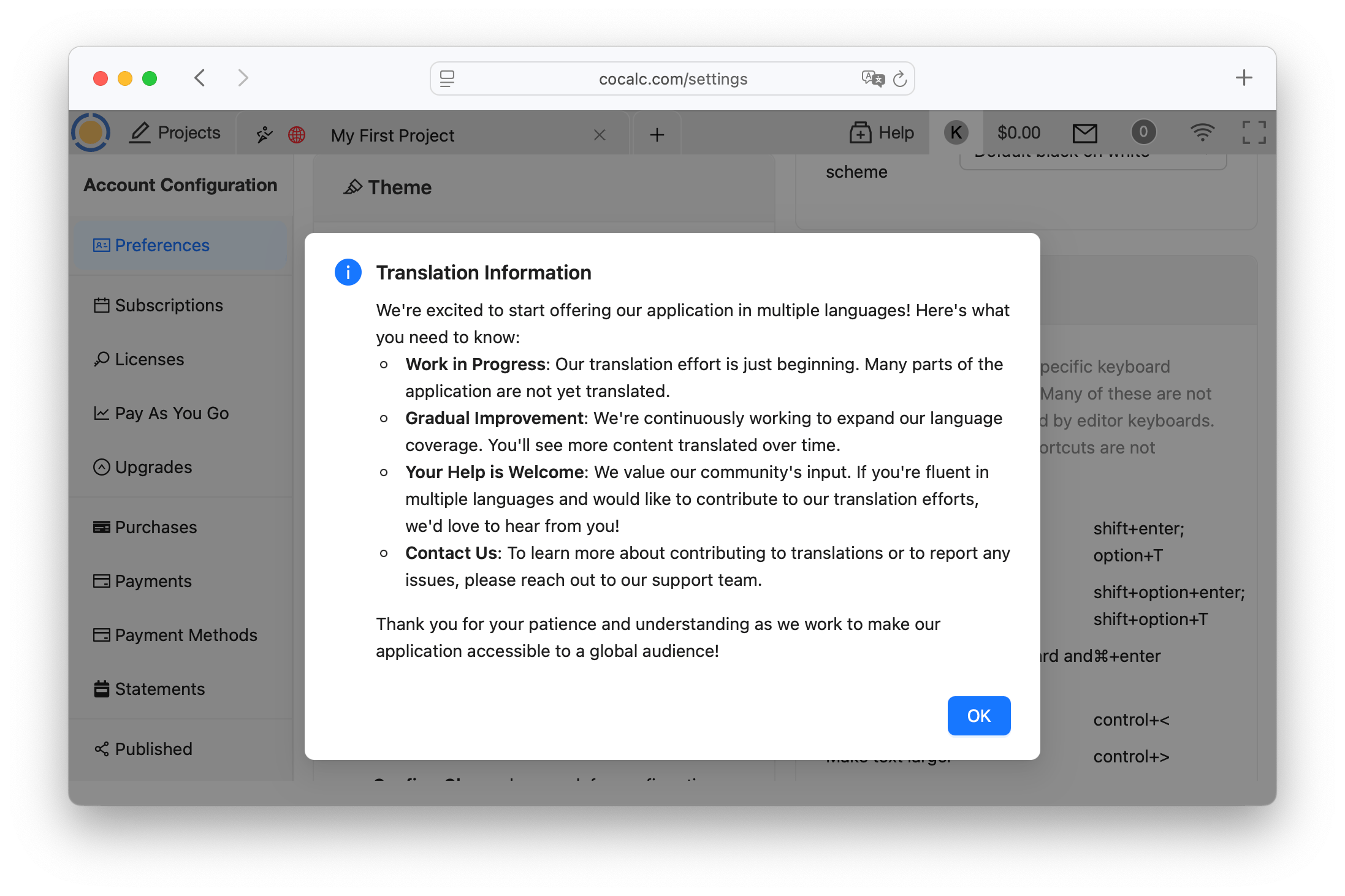 Translation information at CoCalc