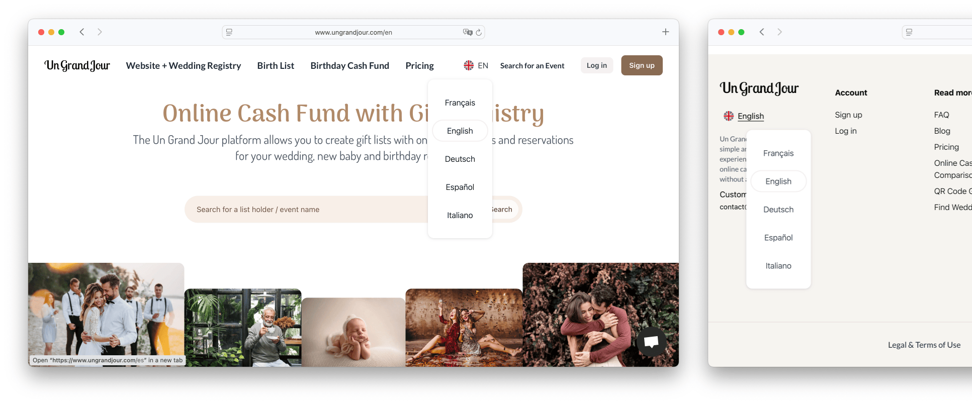Language selectors on Un Grand Jour website