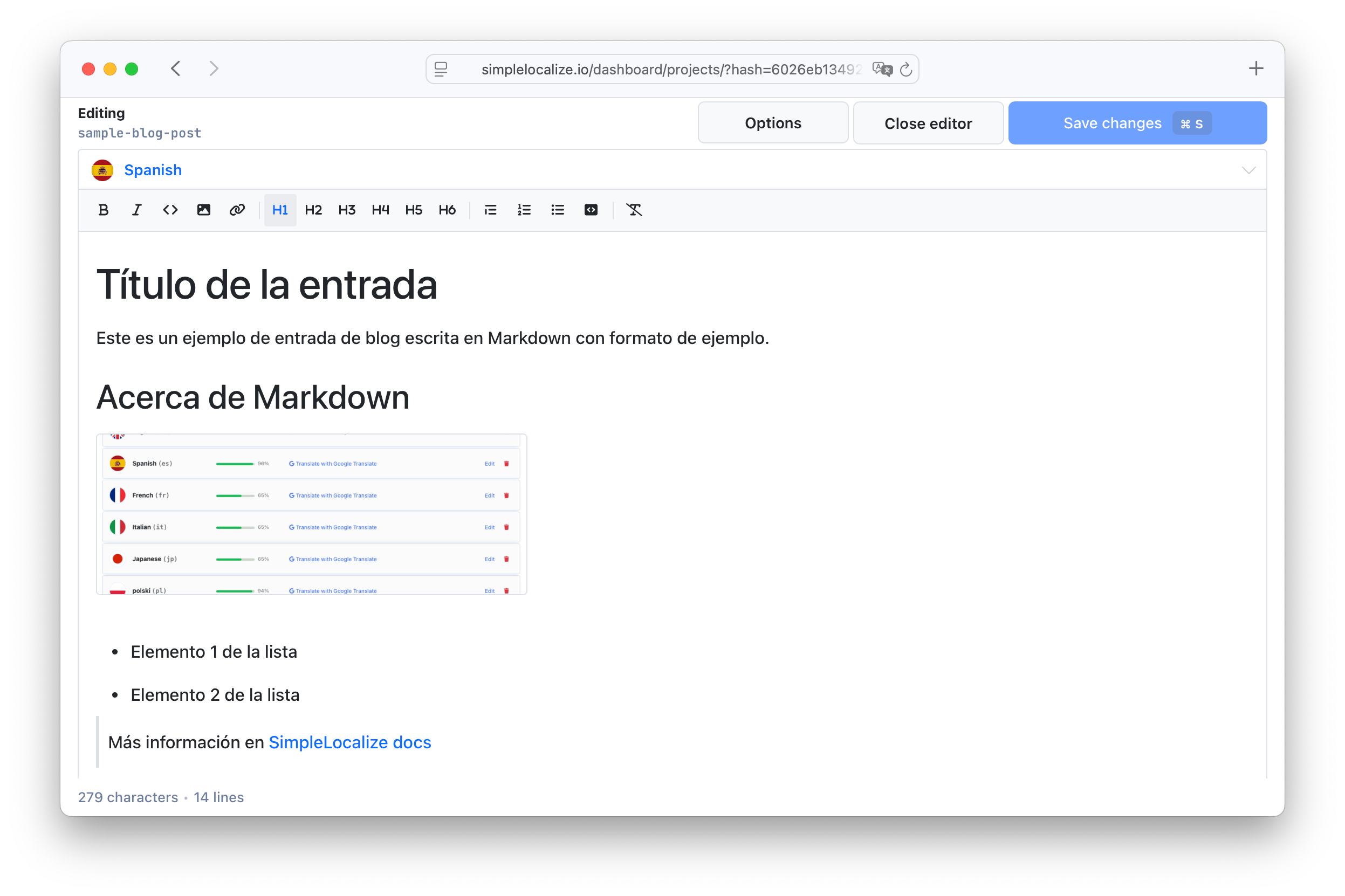 Previewing Markdown translations in the editor