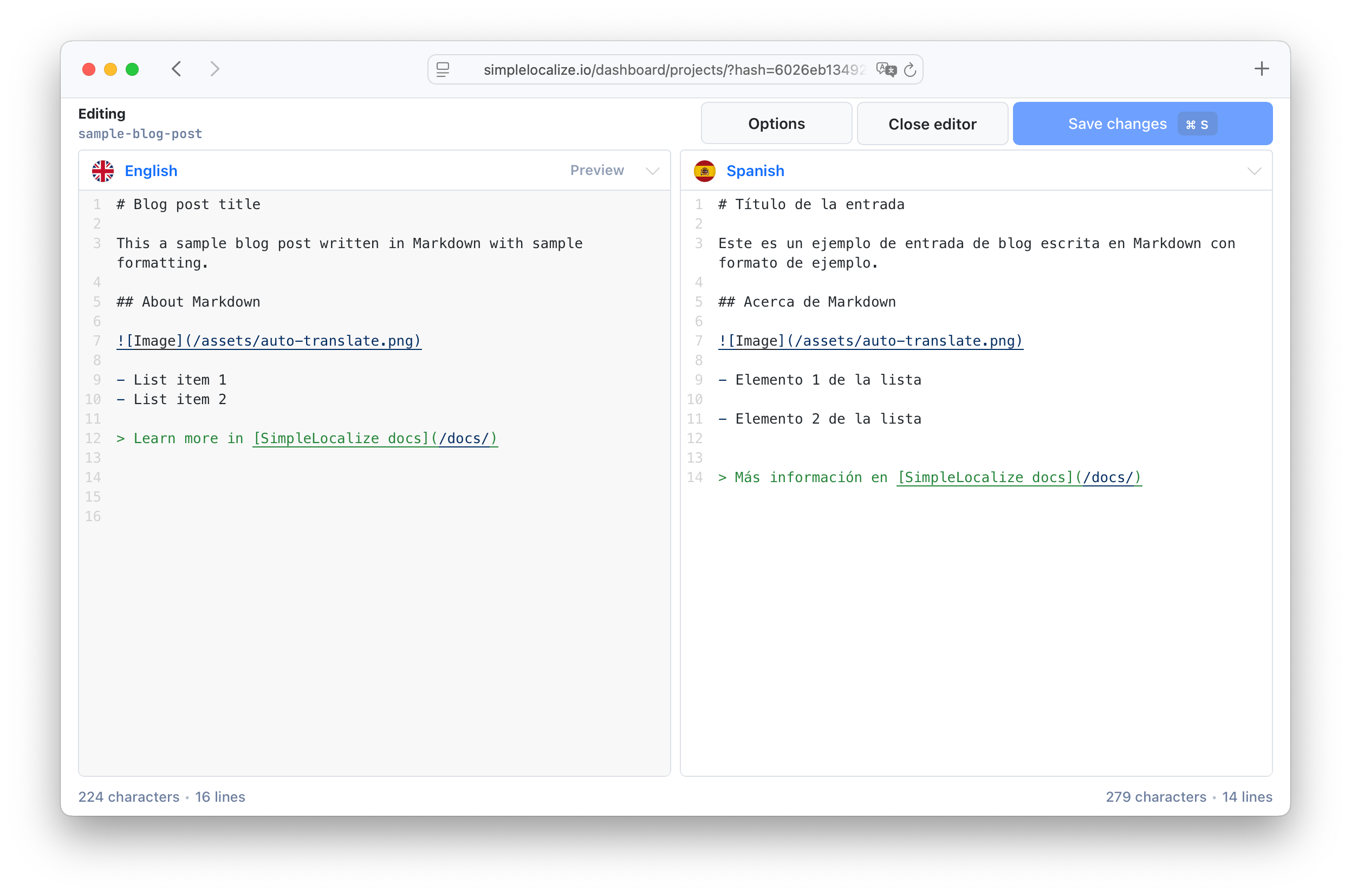 Translation editor showing Markdown syntax
