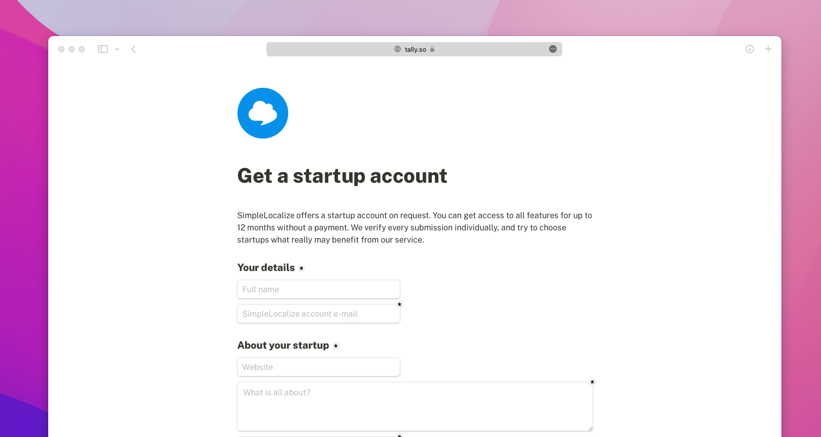 form for getting a startup plan