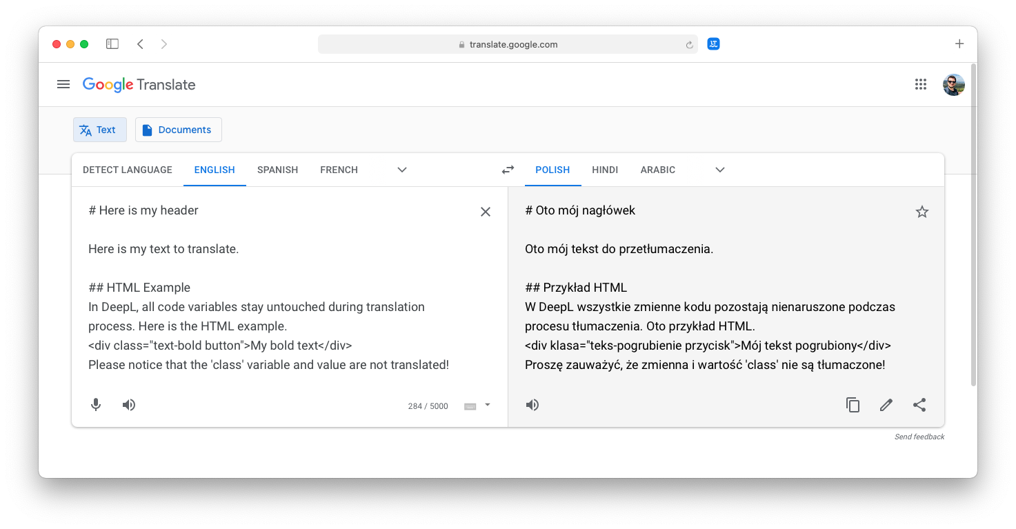 text with source code translated in Google Translate
