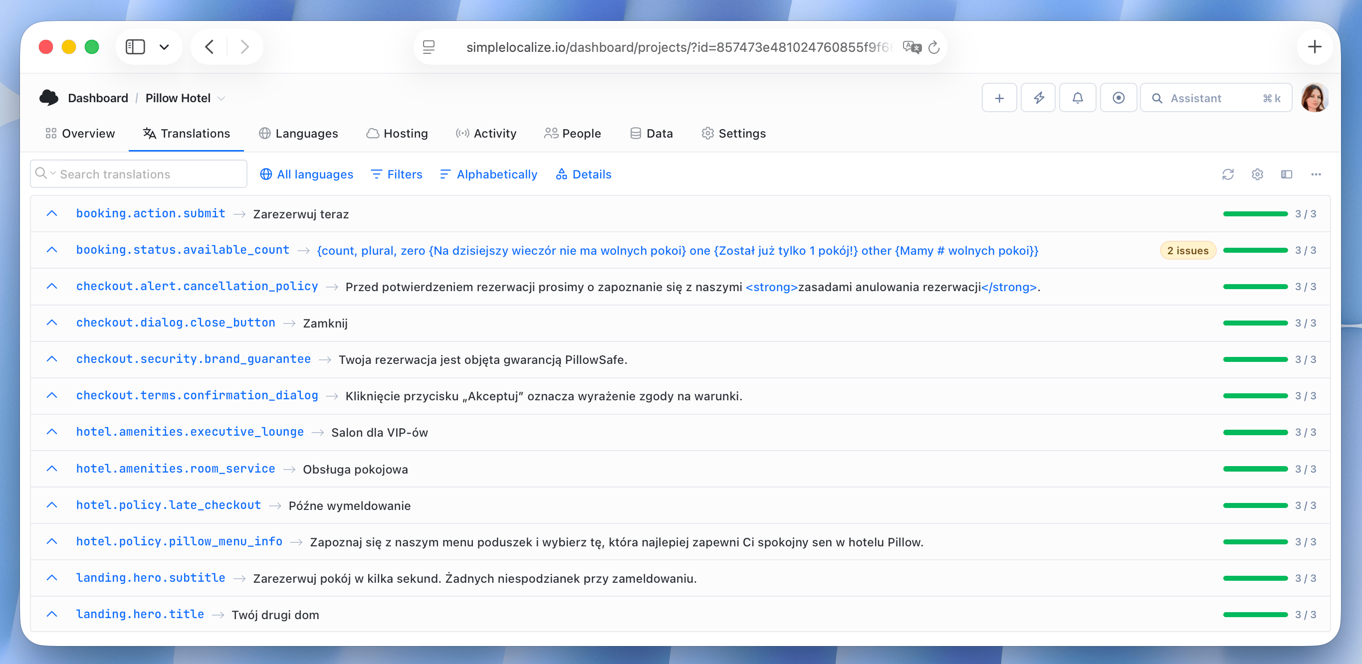 DeepL auto-translation results in SimpleLocalize | Polish