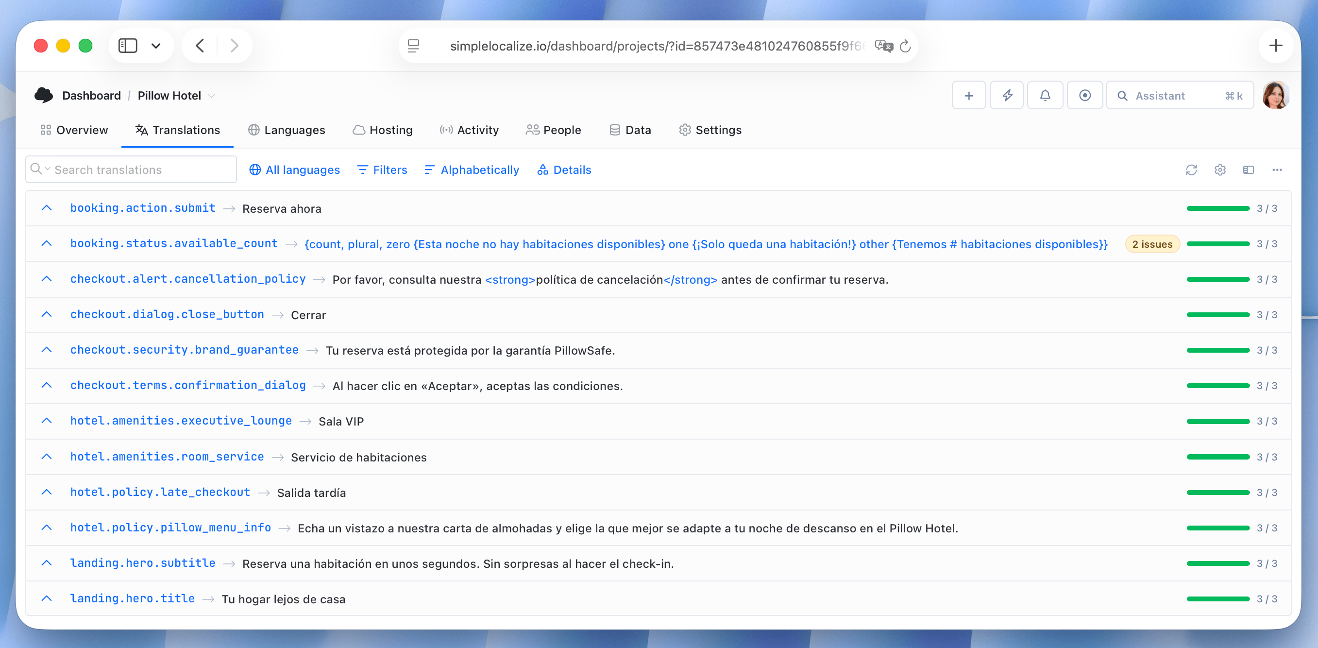 DeepL auto-translation results in SimpleLocalize | Spanish