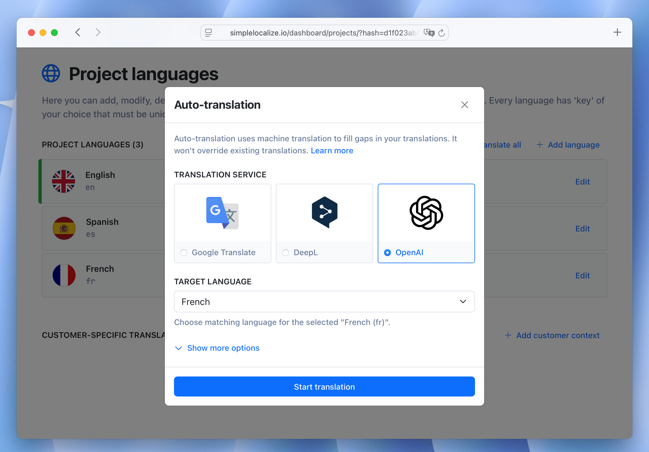 Auto-translation configuration in SimpleLocalize