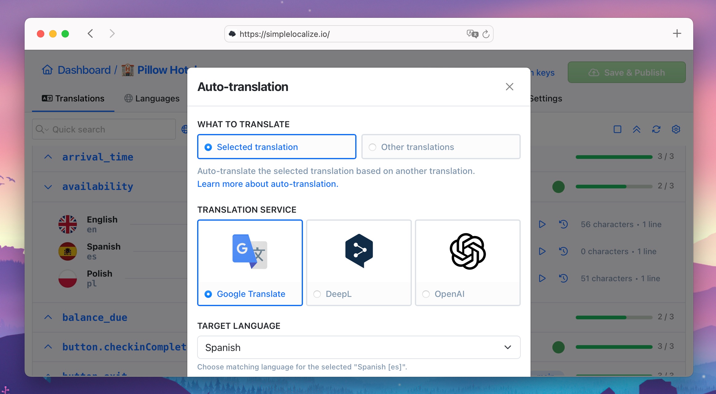 Auto-translation feature in SimpleLocalize