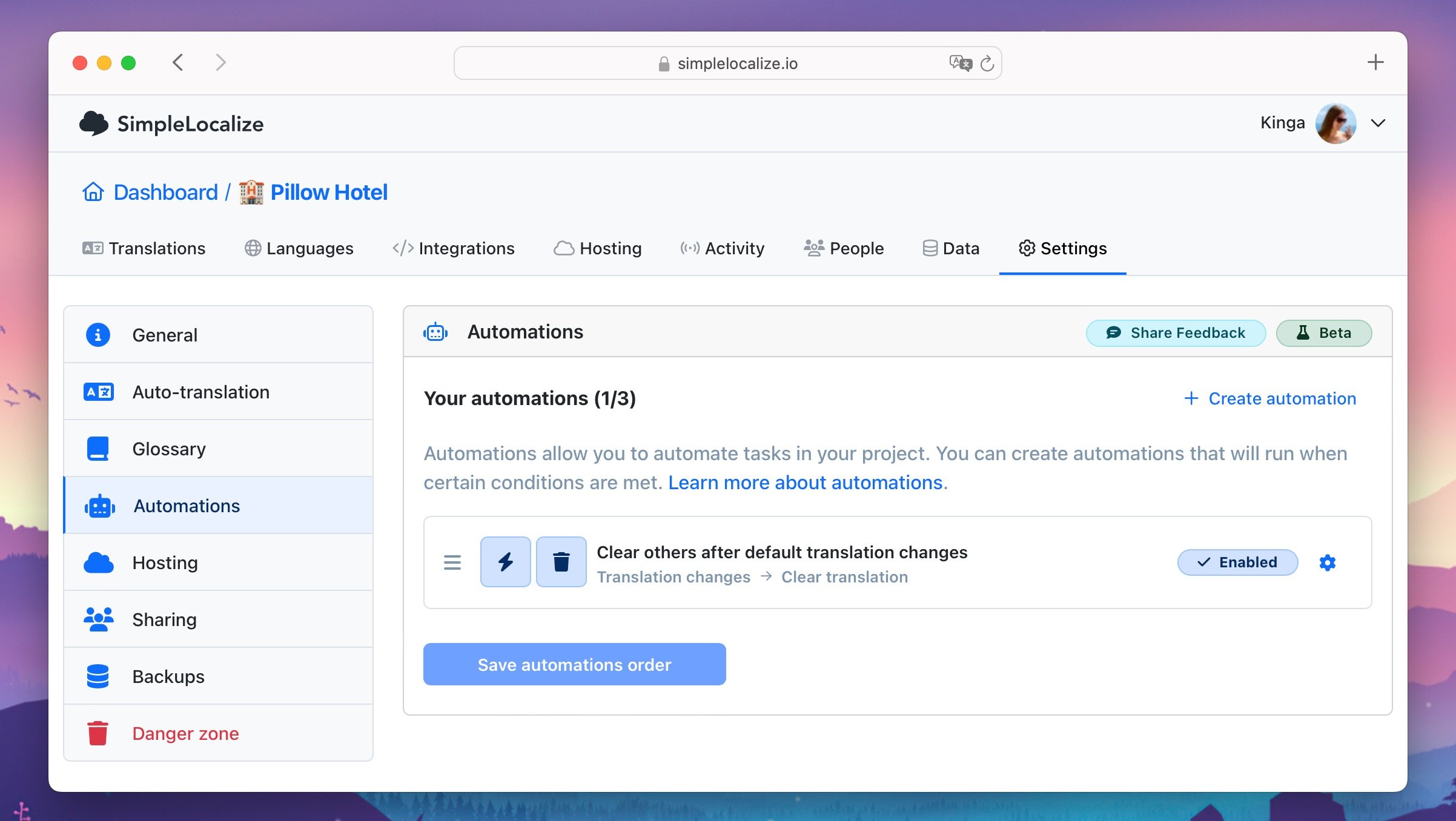 Automations settings