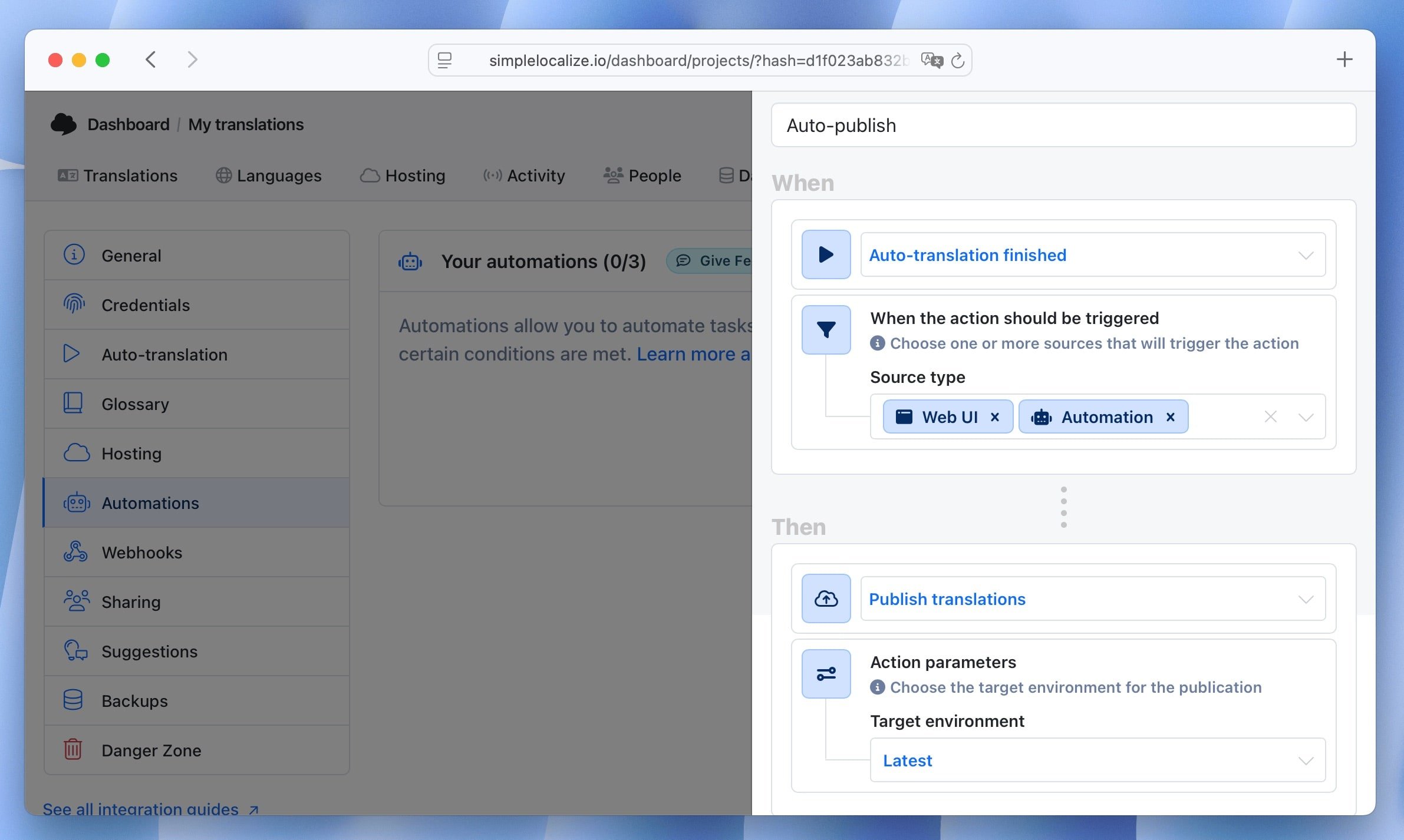 Publish translations action