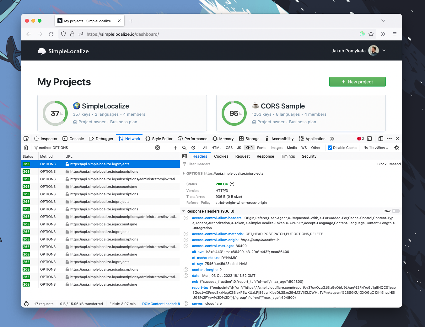 successful CORS preflight requests in Firefox Developer console