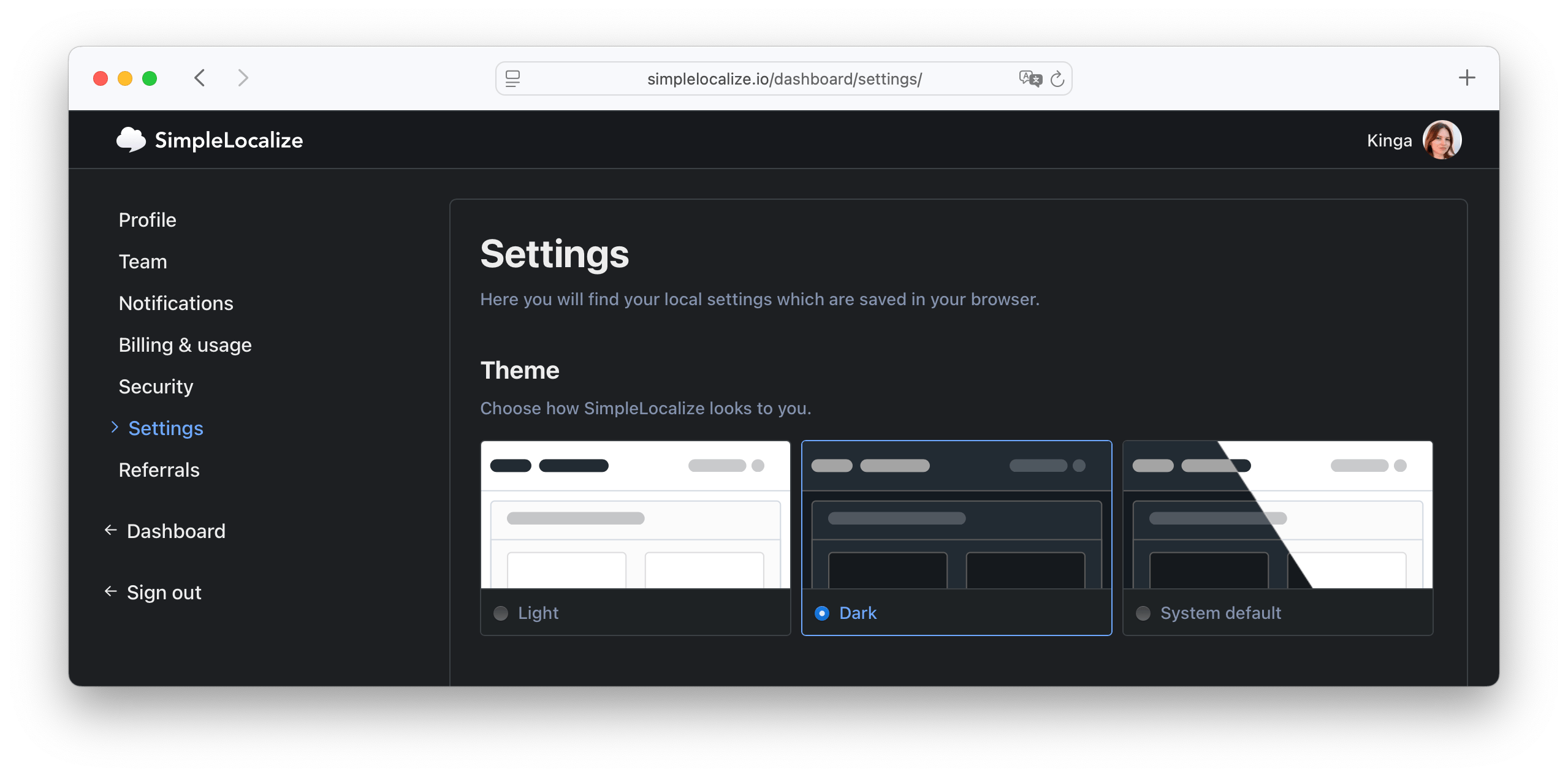 Dark mode settings example
