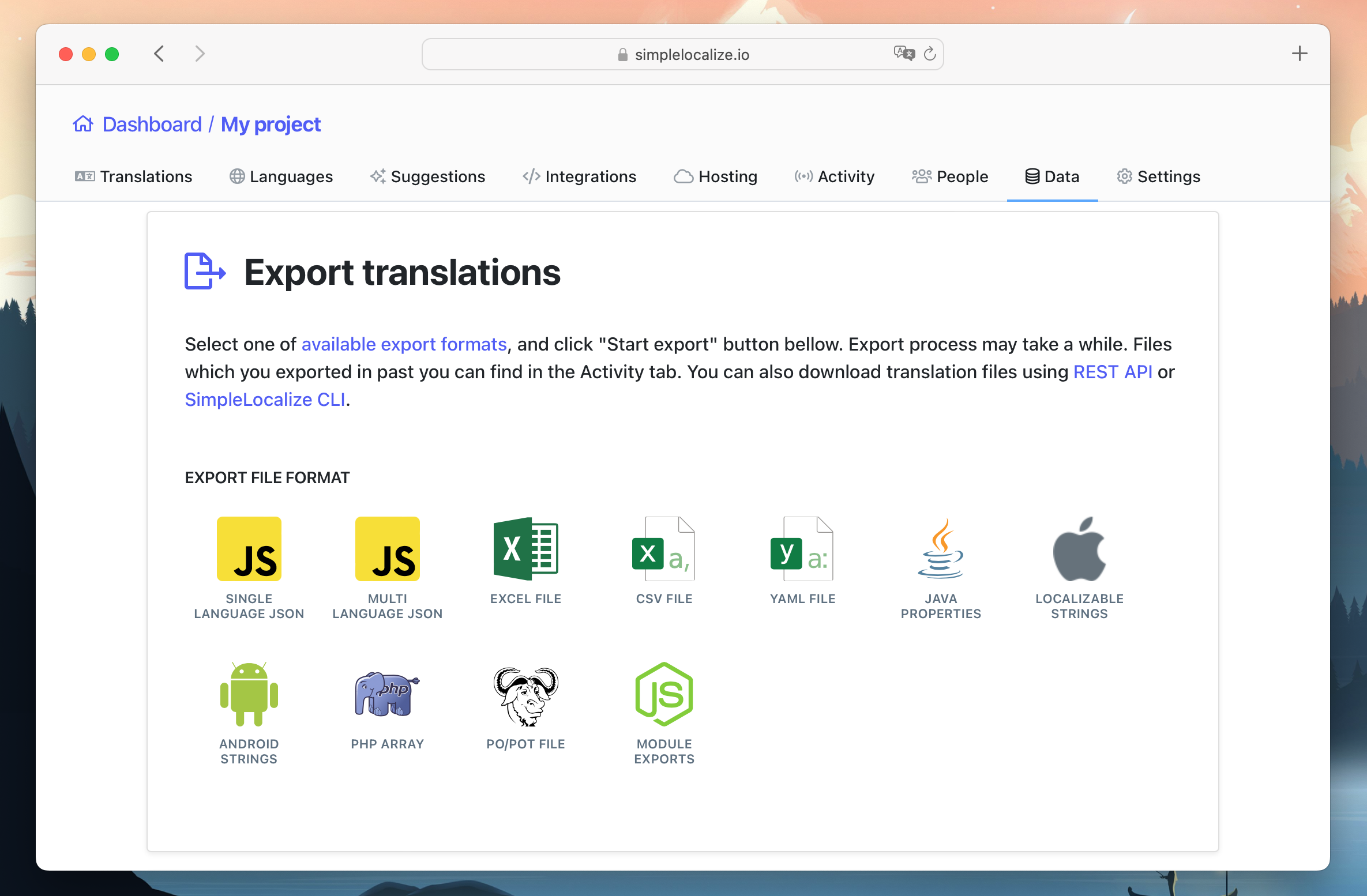 Exporting translation files
