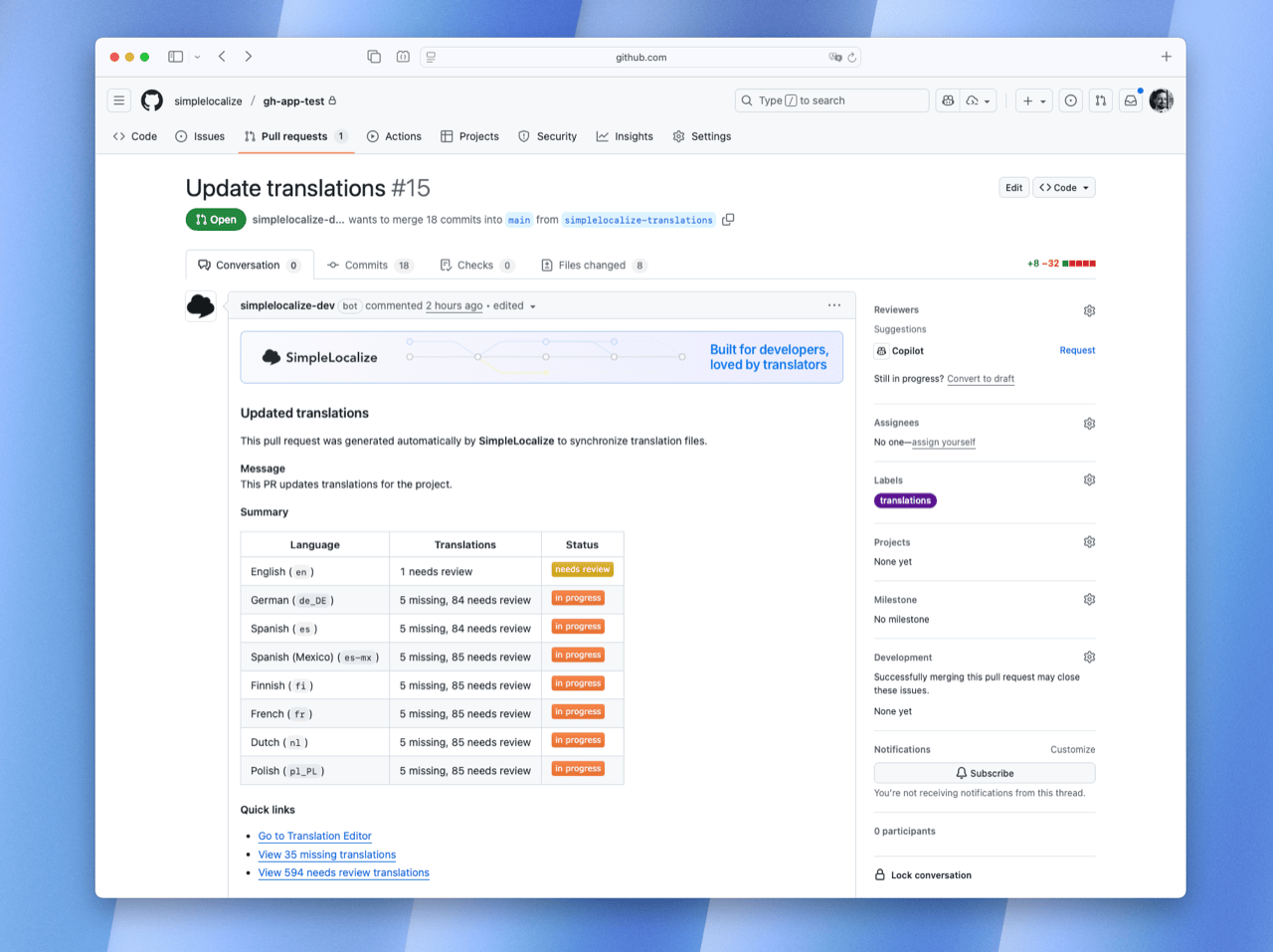 Example Pull Request from SimpleLocalize bot in GitHub