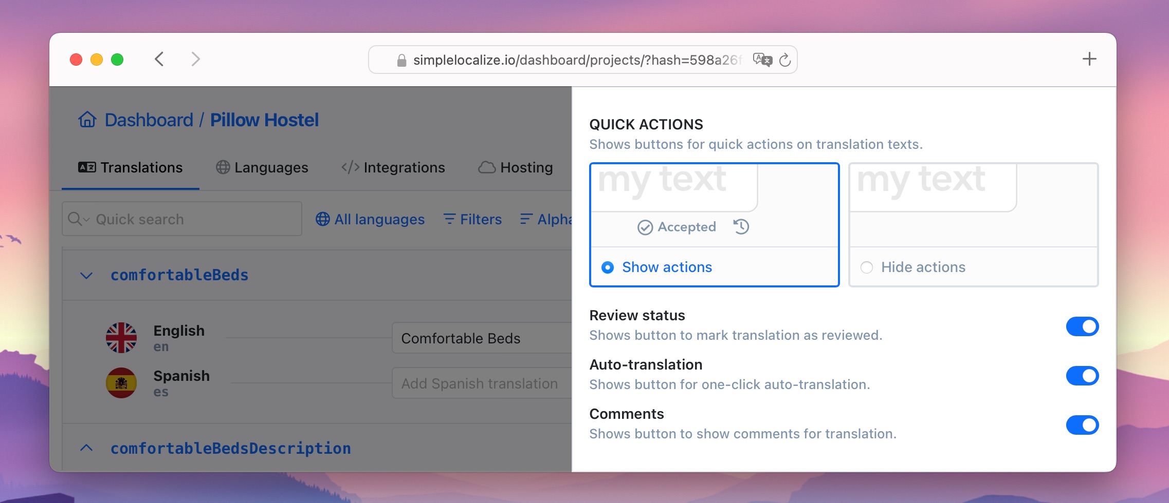 Enable comments in the translation editor settings