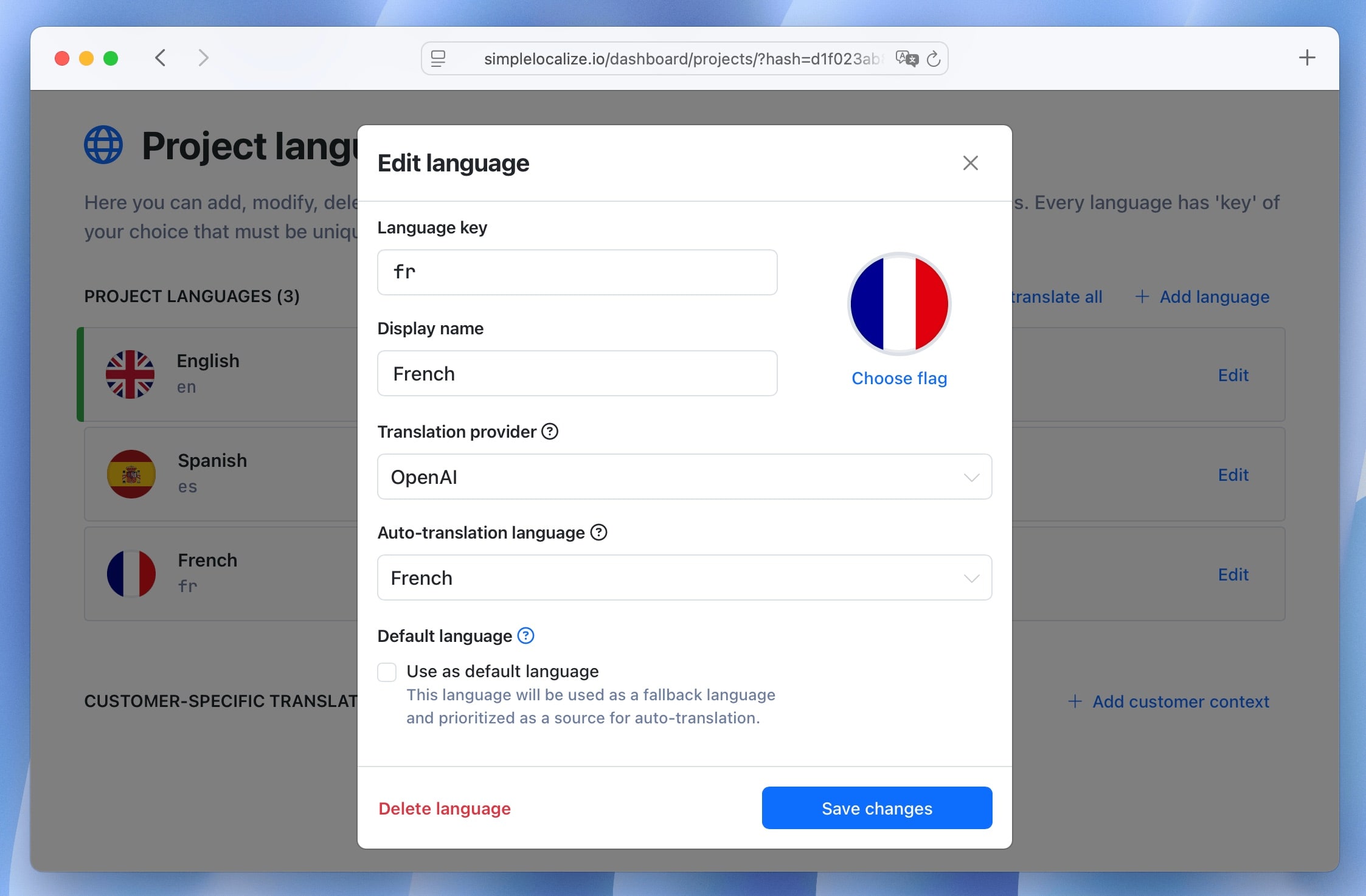 Language auto-translation configuration