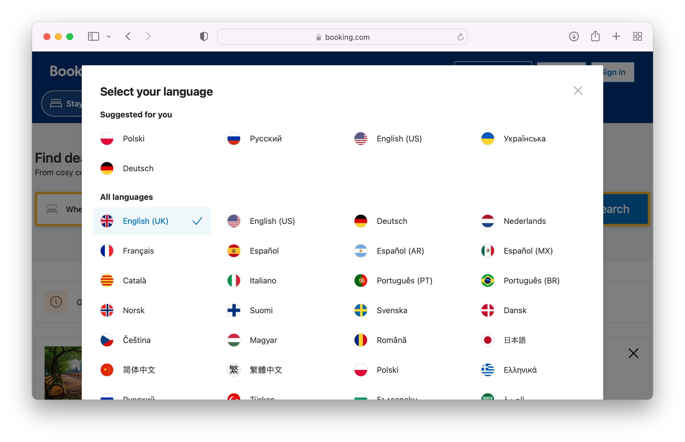 Booking.com language selector