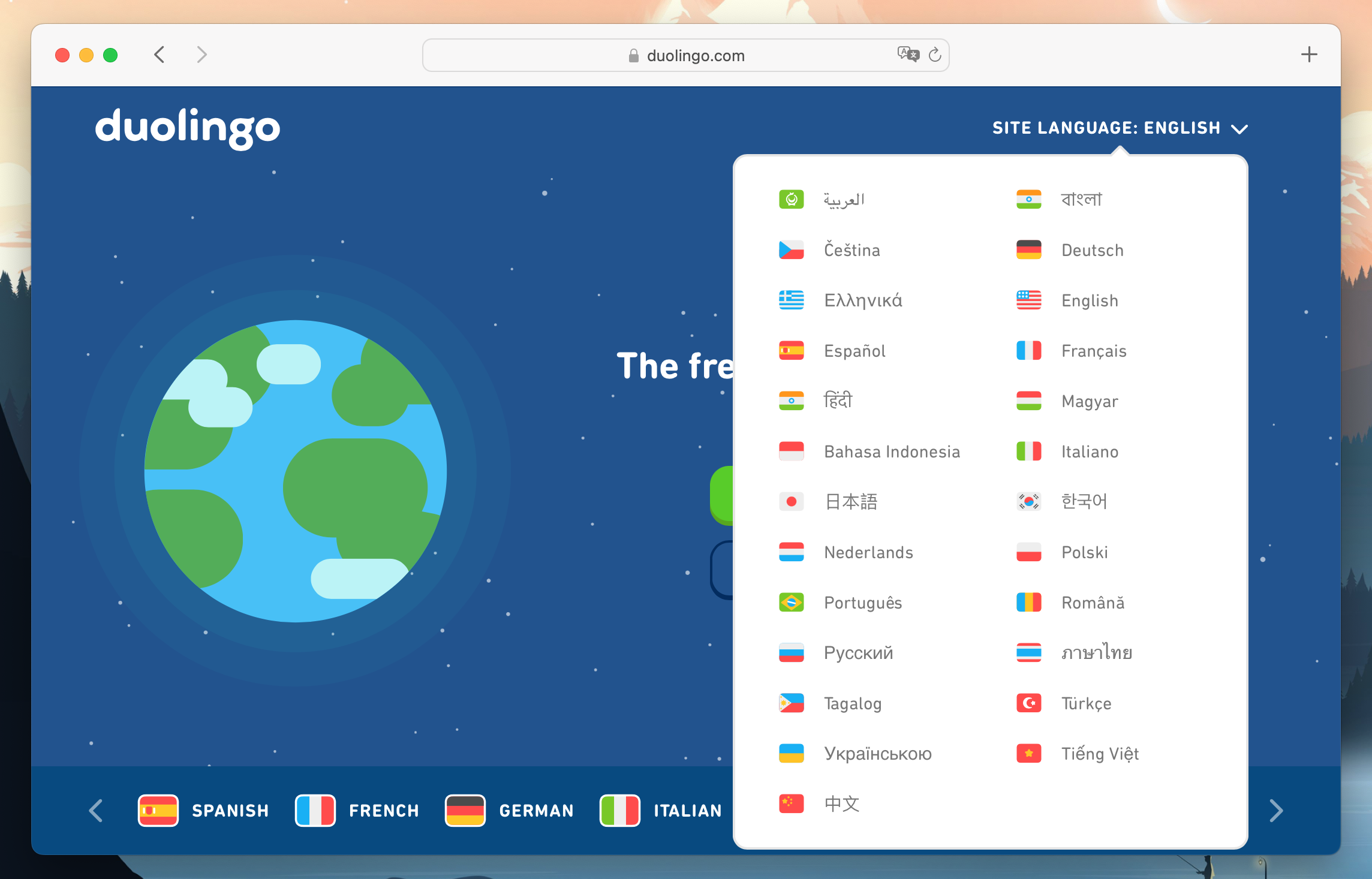 Duolingo language selector