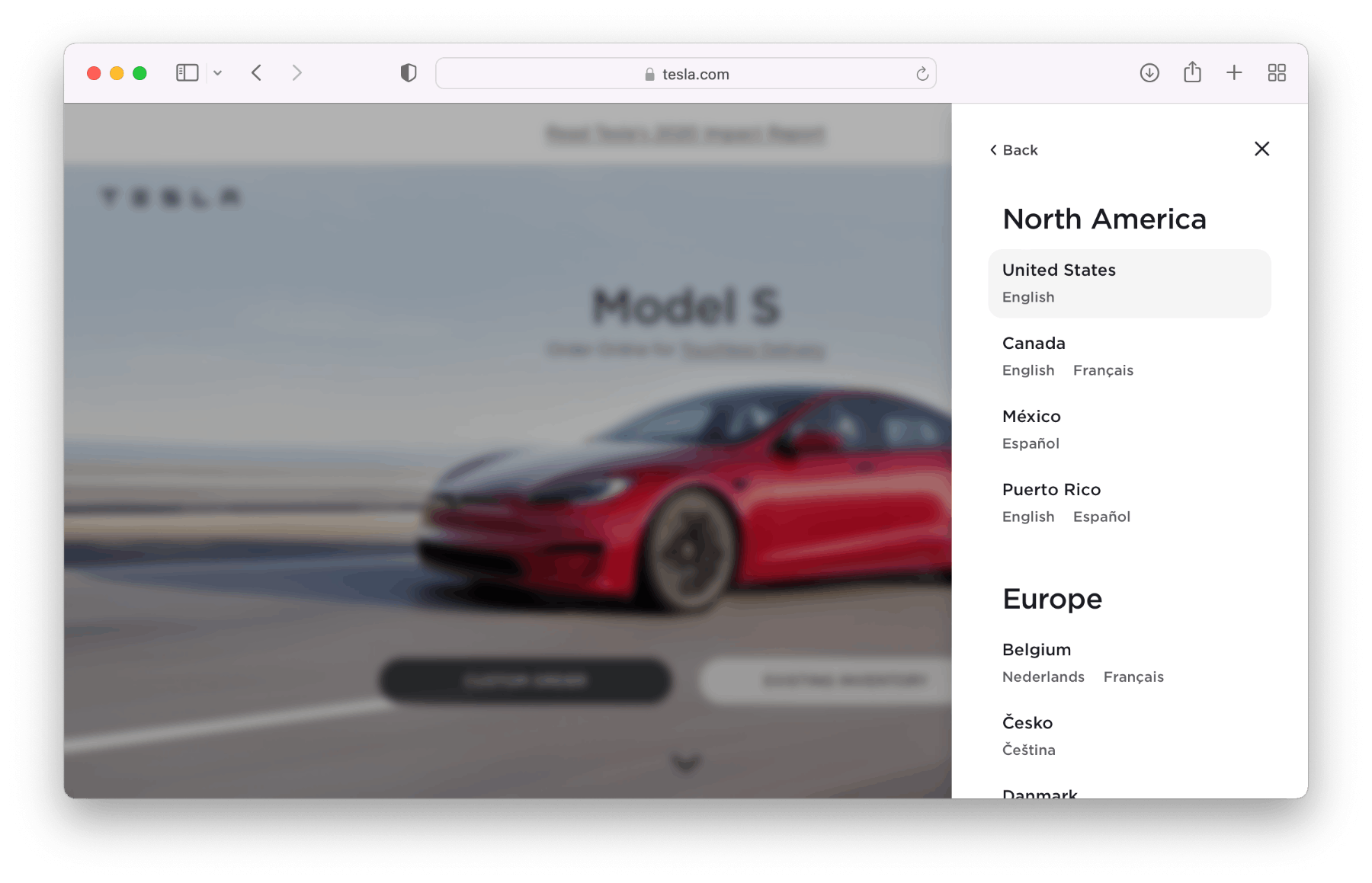 Tesla language selector