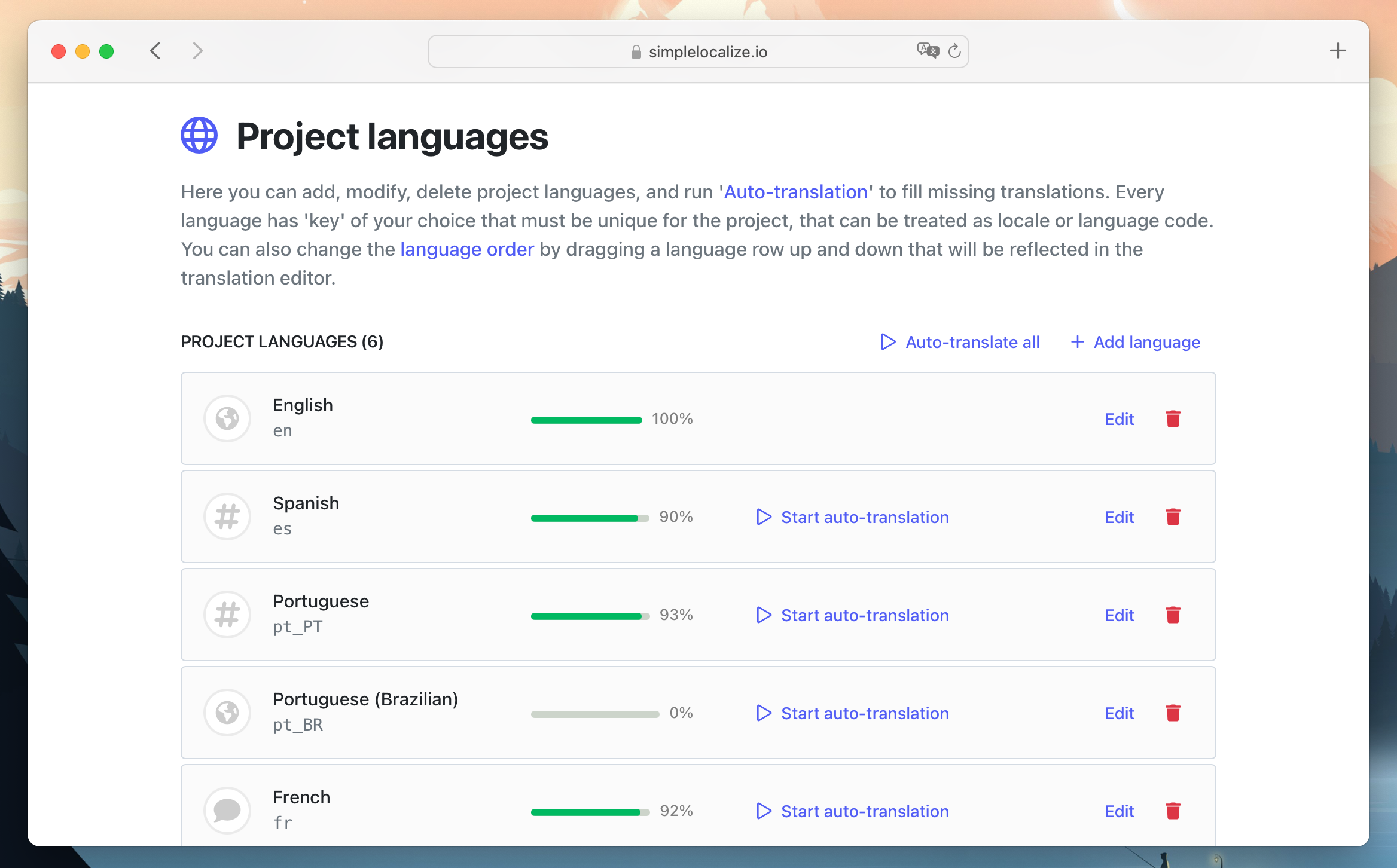 Language selector with universal icons