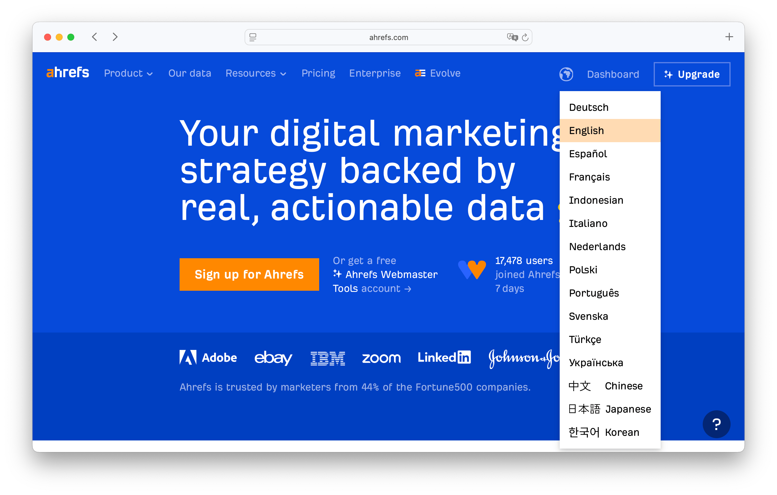 Ahrefs language selector