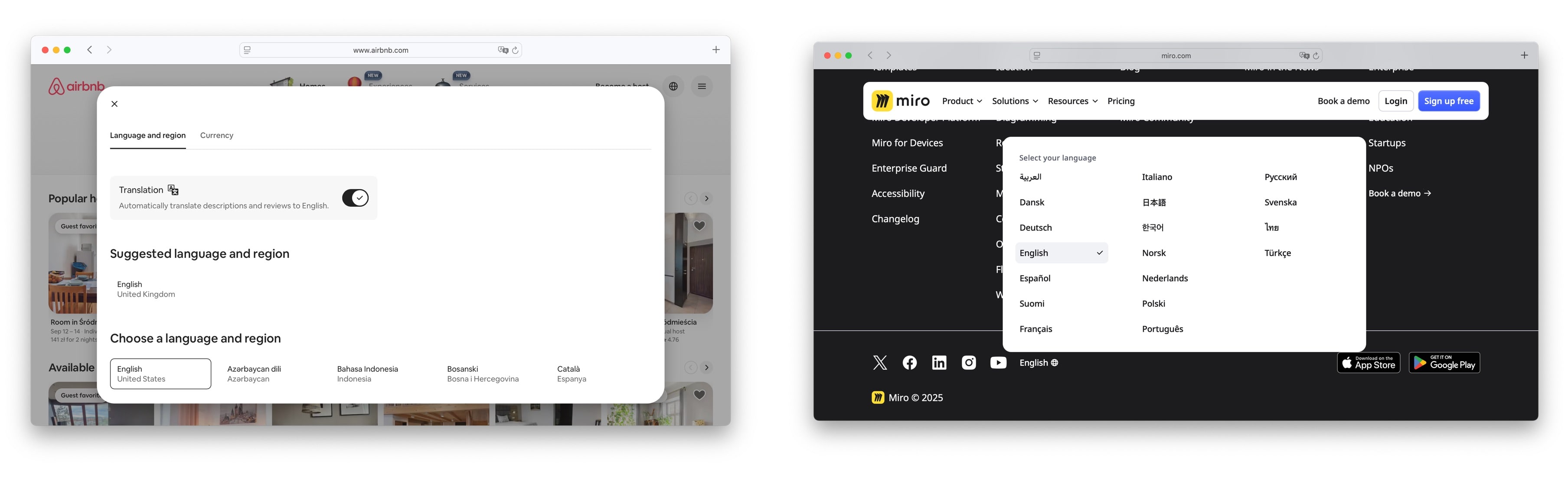 Airbnb & Miro language selectors