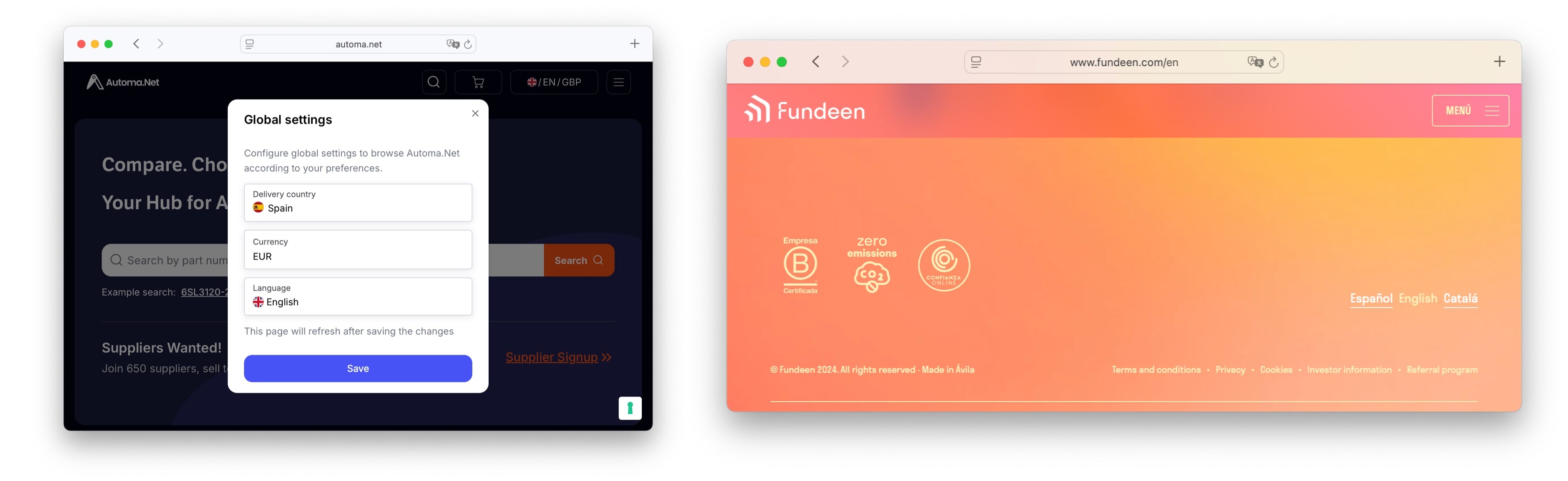 Automa.net & Fundeen language selectors