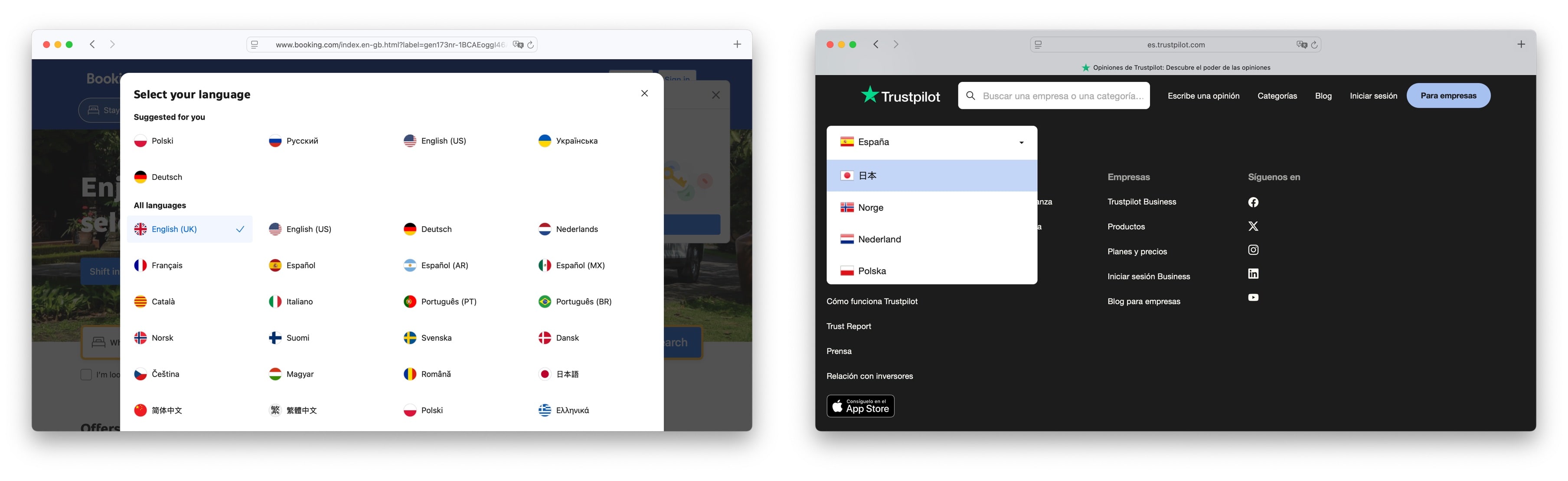 Booking.com & Trustpilot language selectors