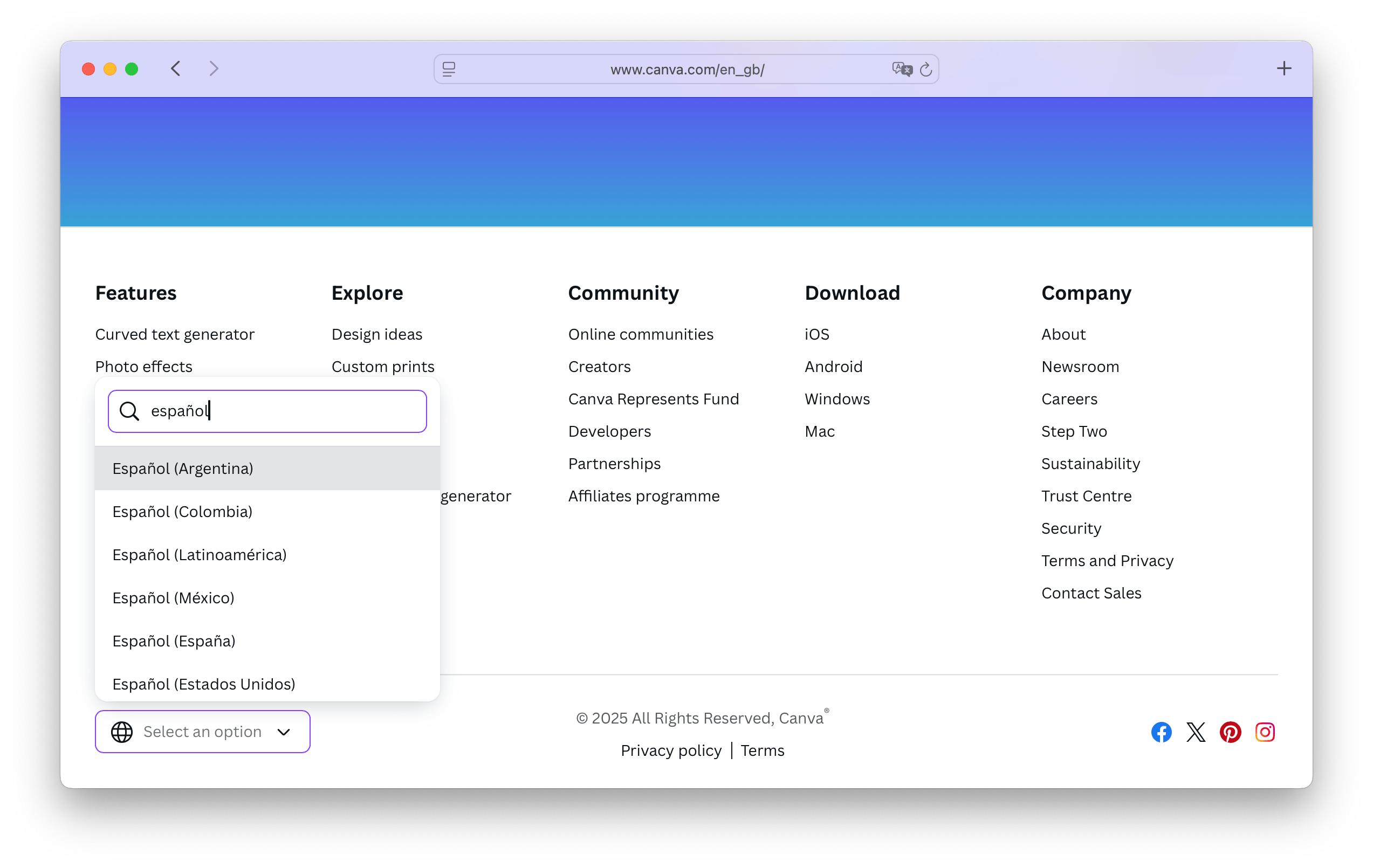 Canva language selector