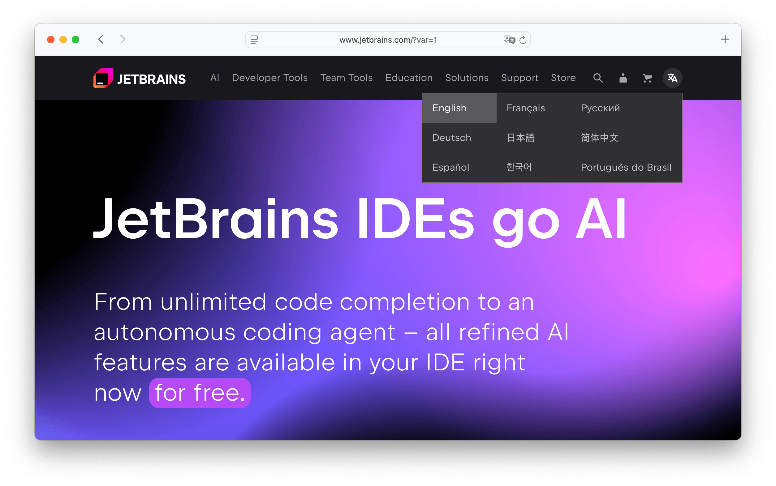 JetBrains language selector