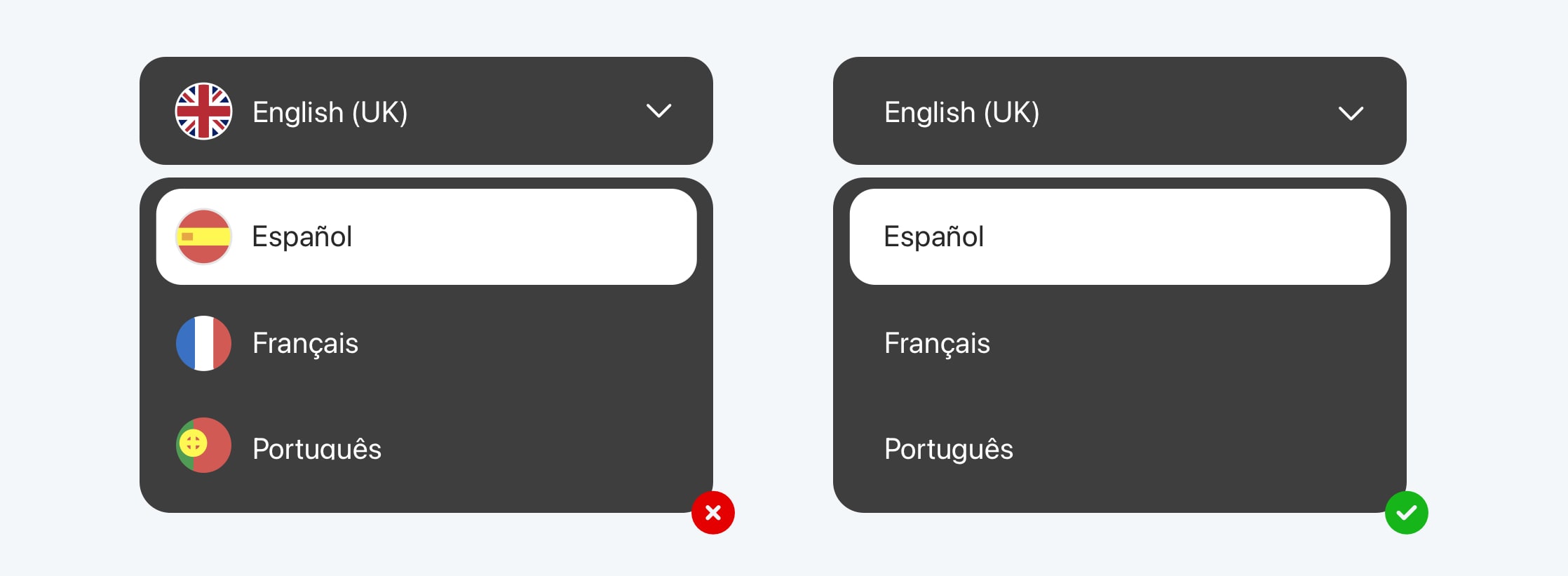 Example of language selector with and without flags