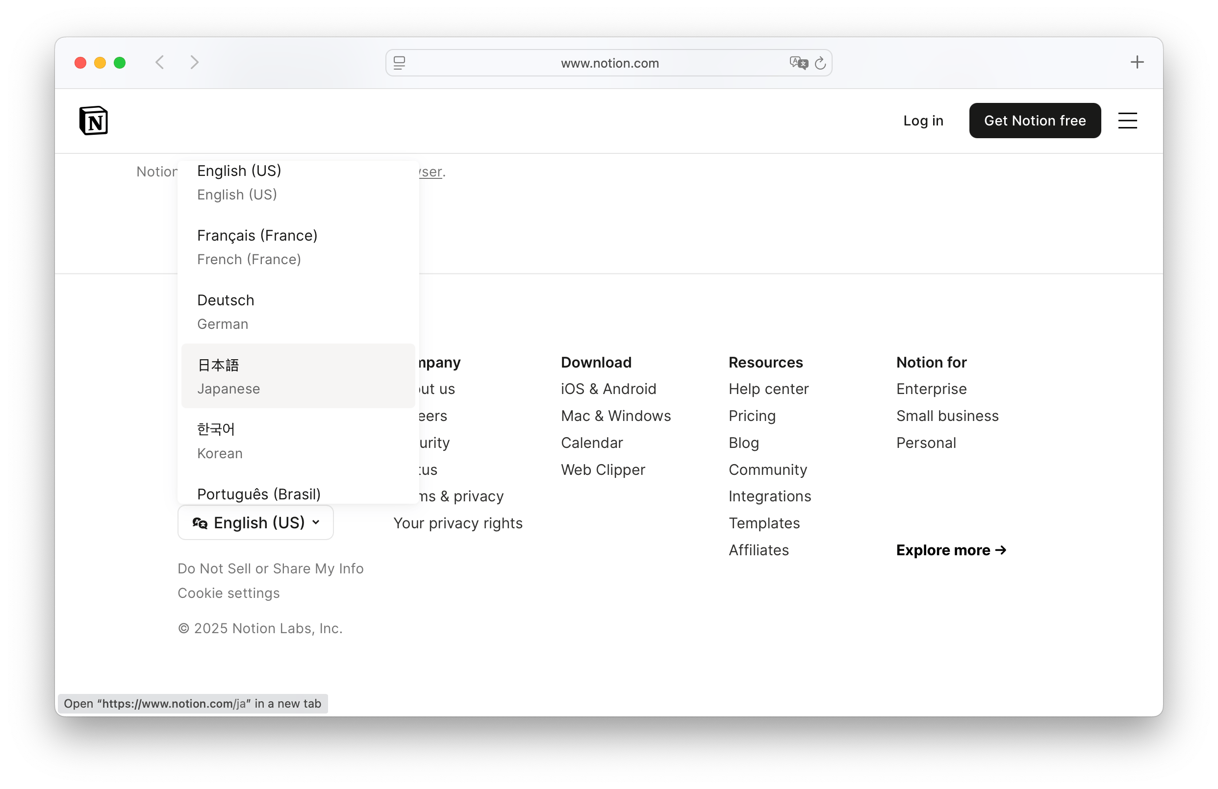 Notion language selector