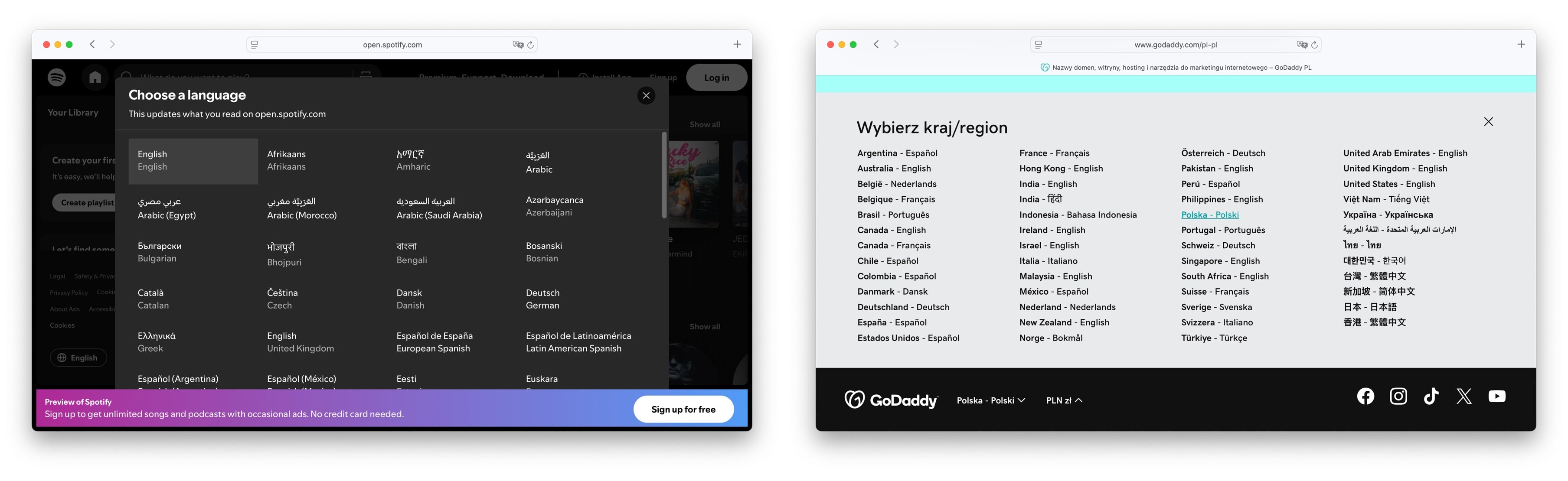 Spotify & GoDaddy language selectors