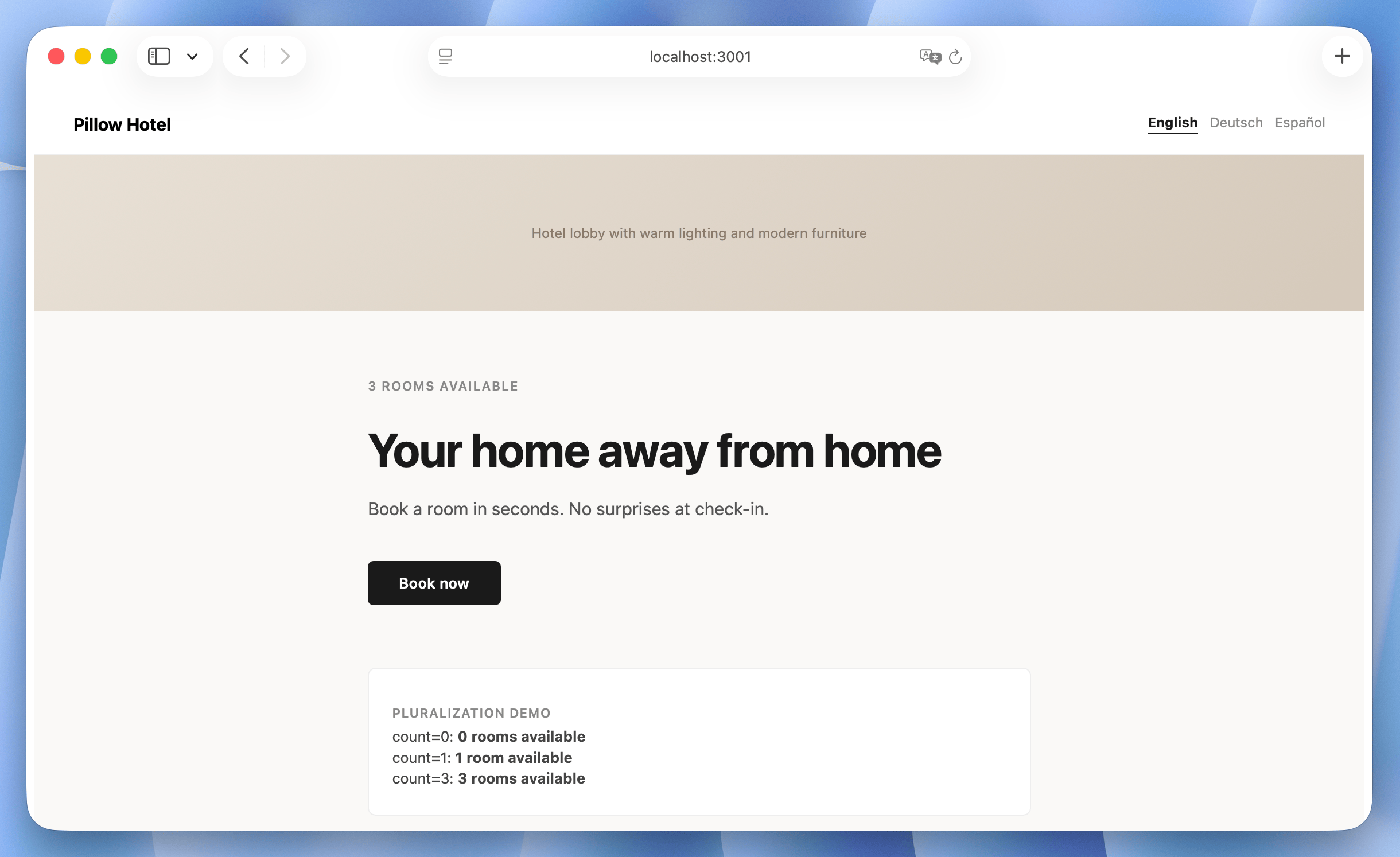 Pillow Hotel homepage in English, German, and Spanish. The headline, description, room counter, and language selector are translated in each version.