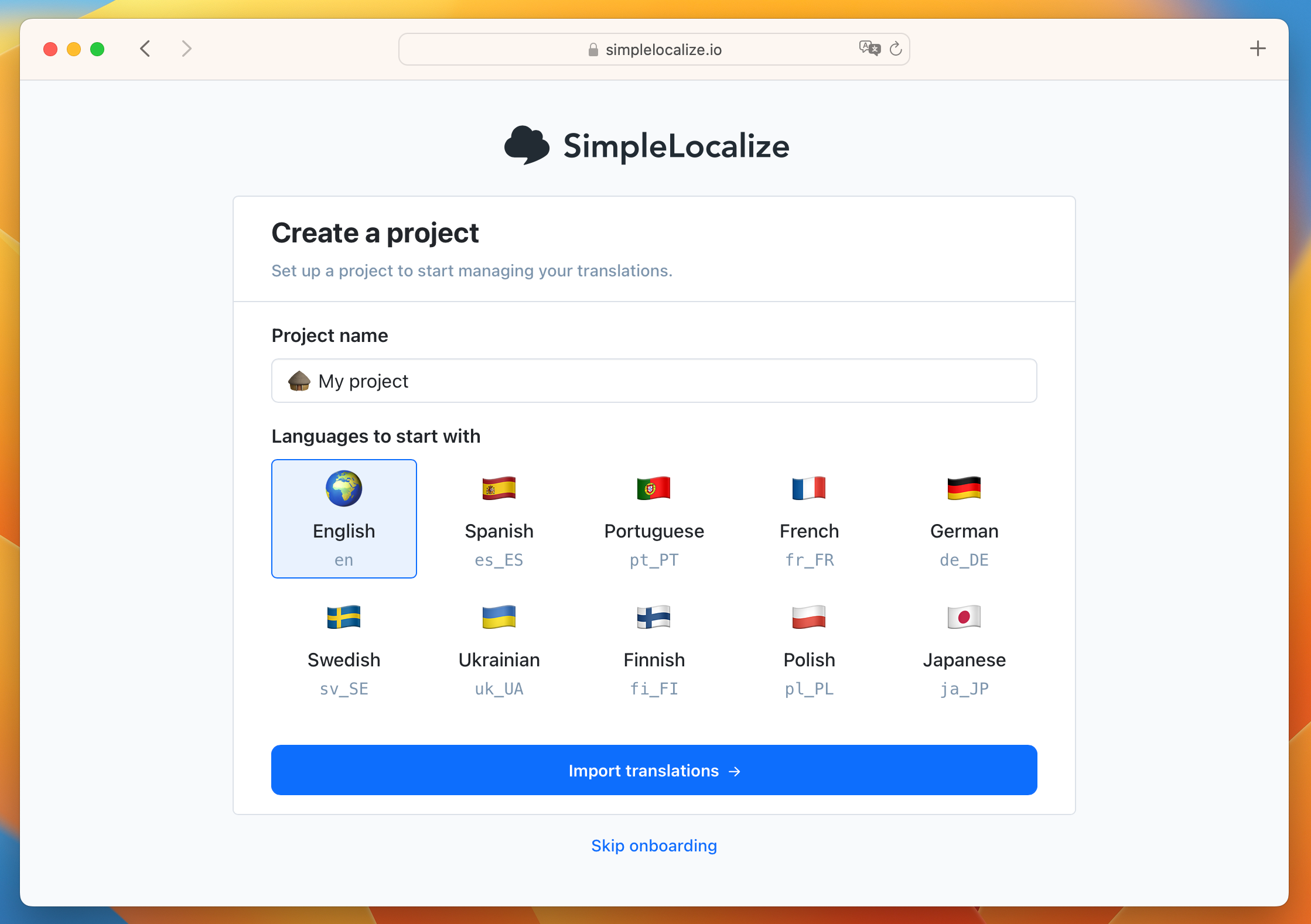 Create project in SimpleLocalize