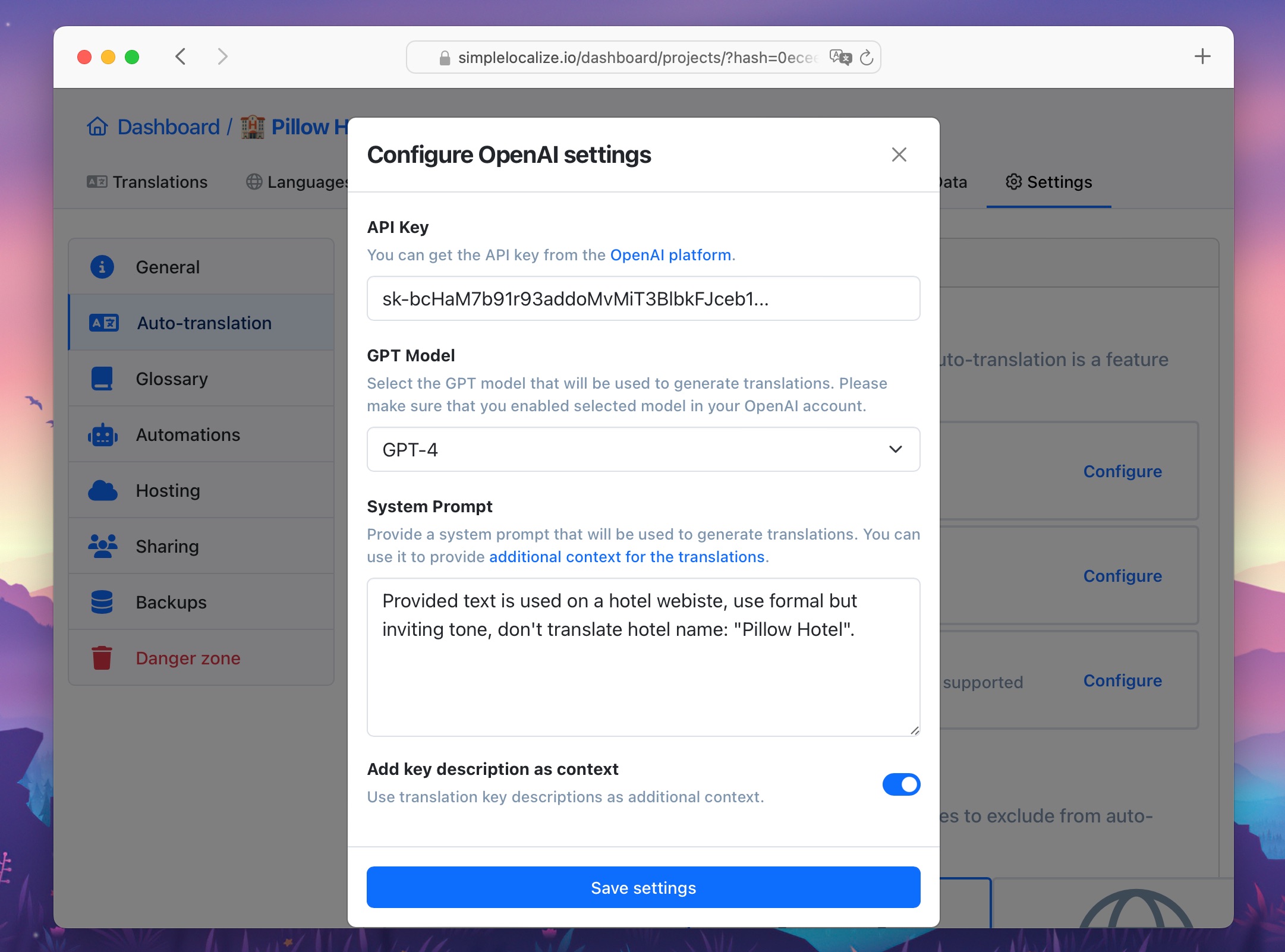 SimpleLocalize OpenAI integration settings