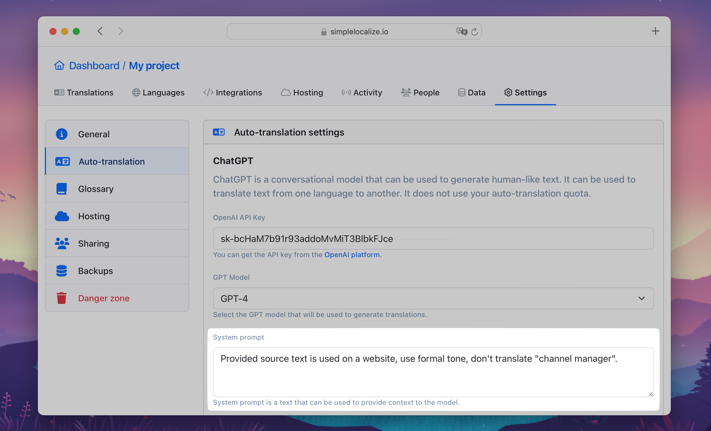 System prompt in OpenAI integration settings