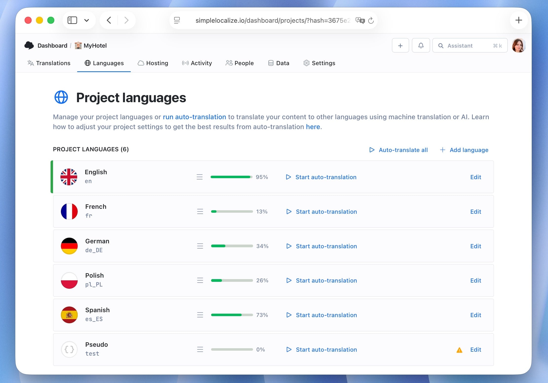 Languages list with pseudo-localization language