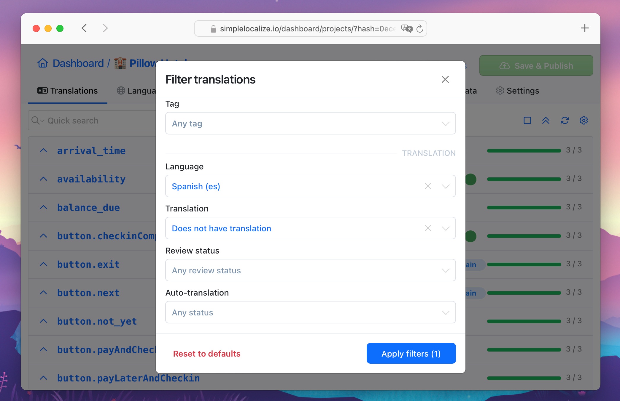 Filter translations by language and status