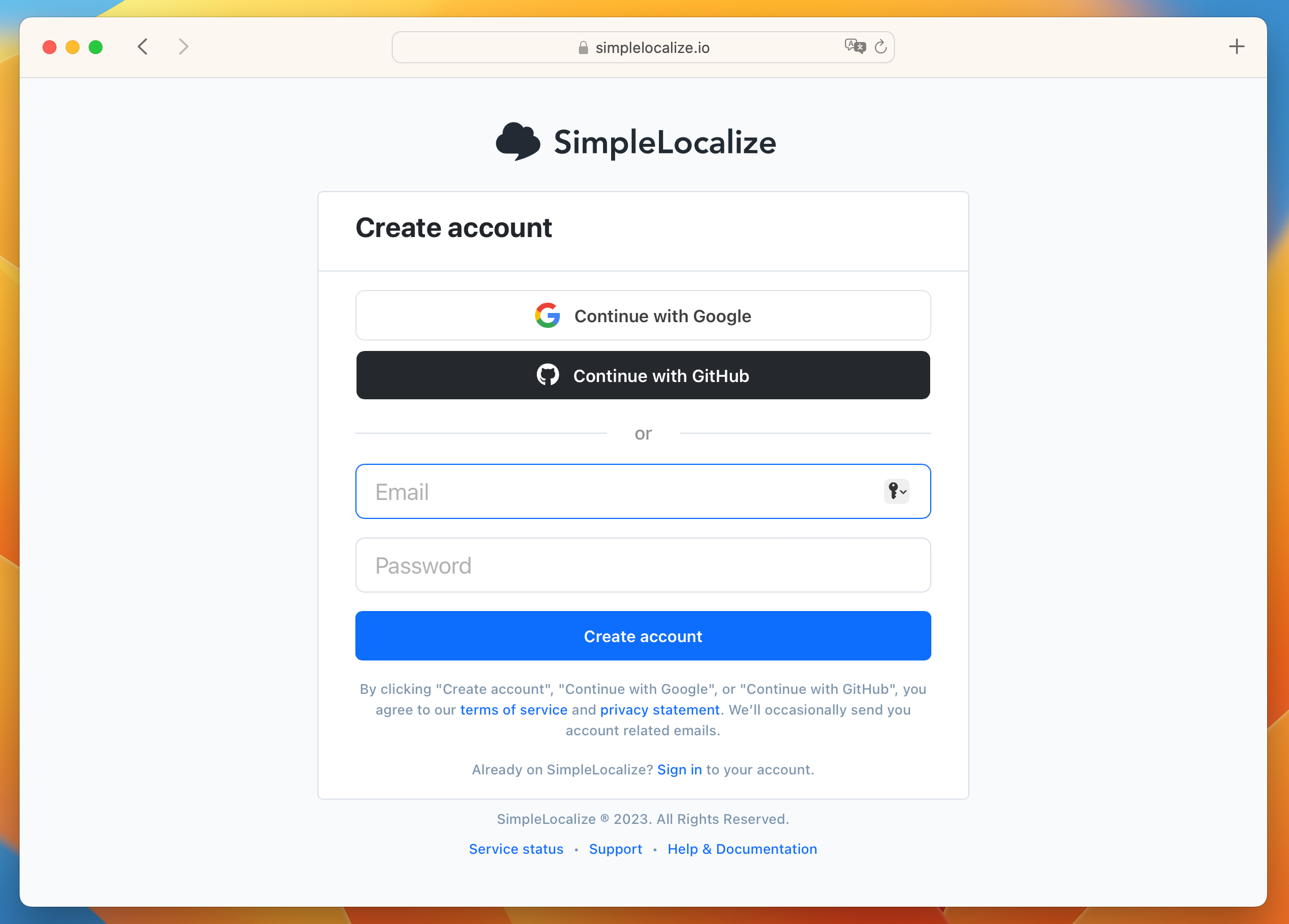 Sign up to SimpleLocalize