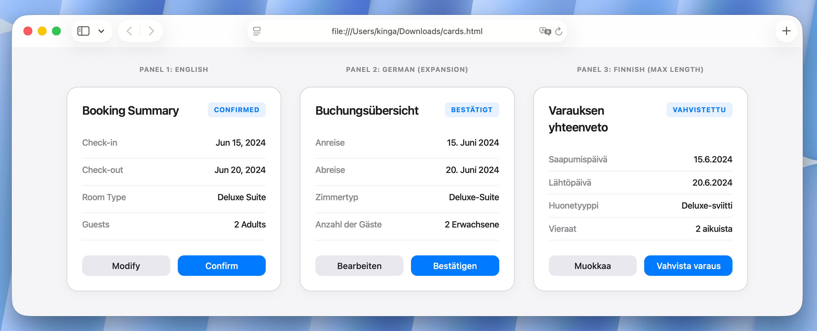 Booking card example