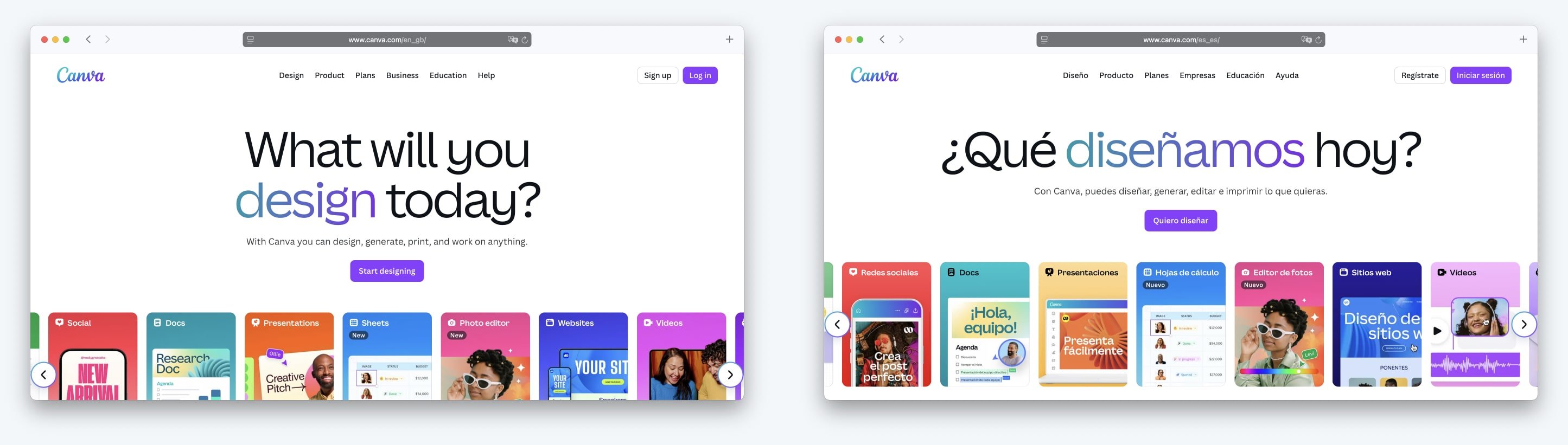Canva hero section in English and Spanish