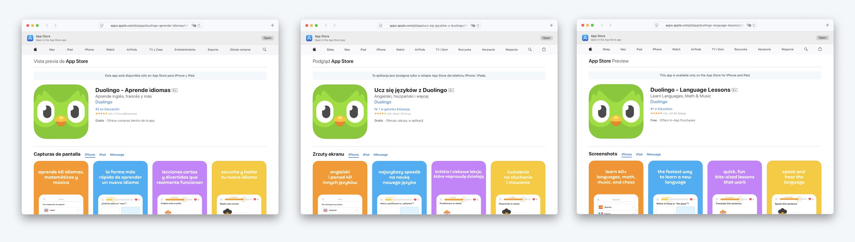 Duolingo app store description in different languages