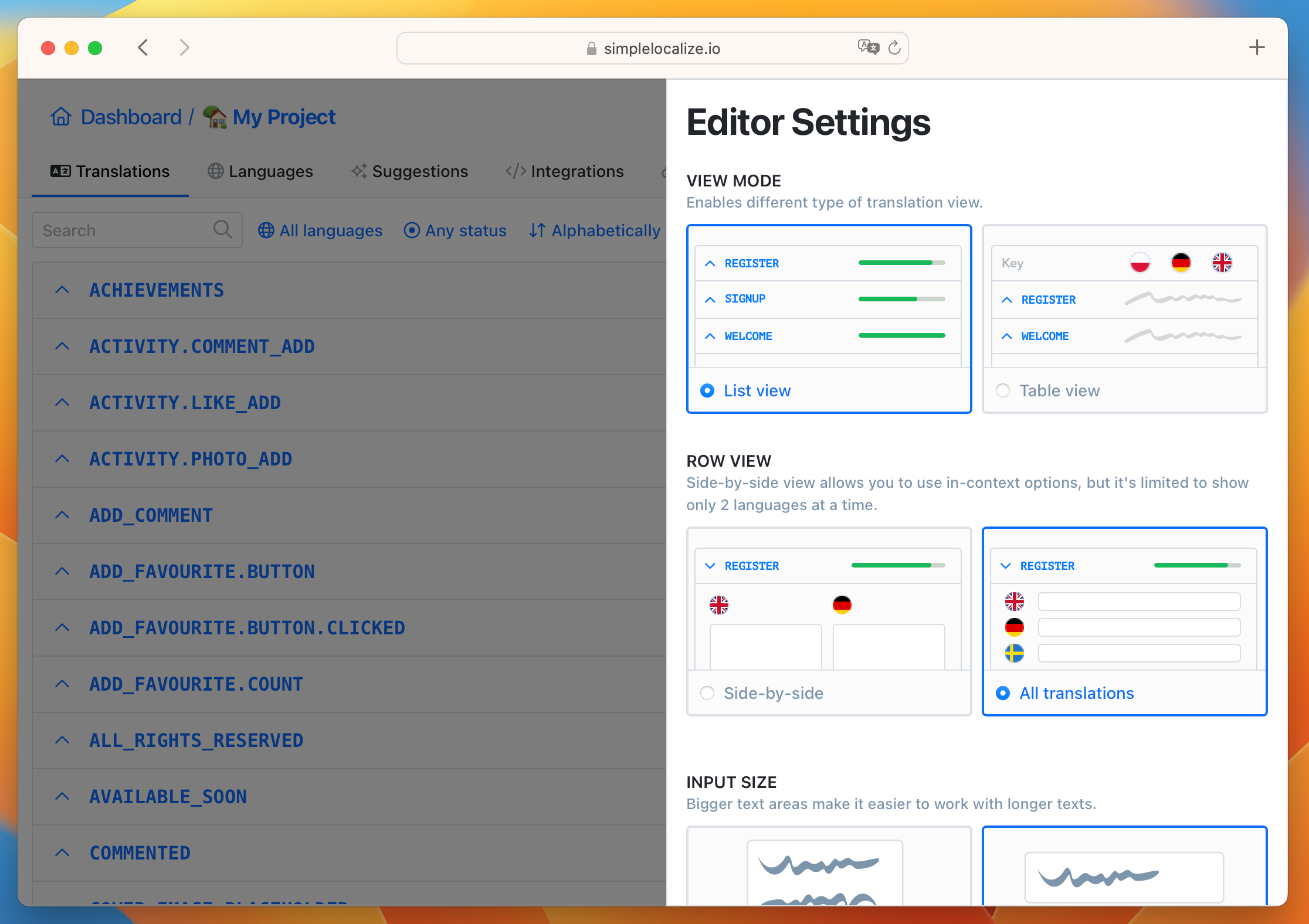 Translation editor settings