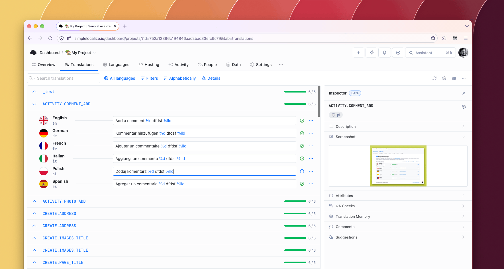Inspector panel for Translation Editor