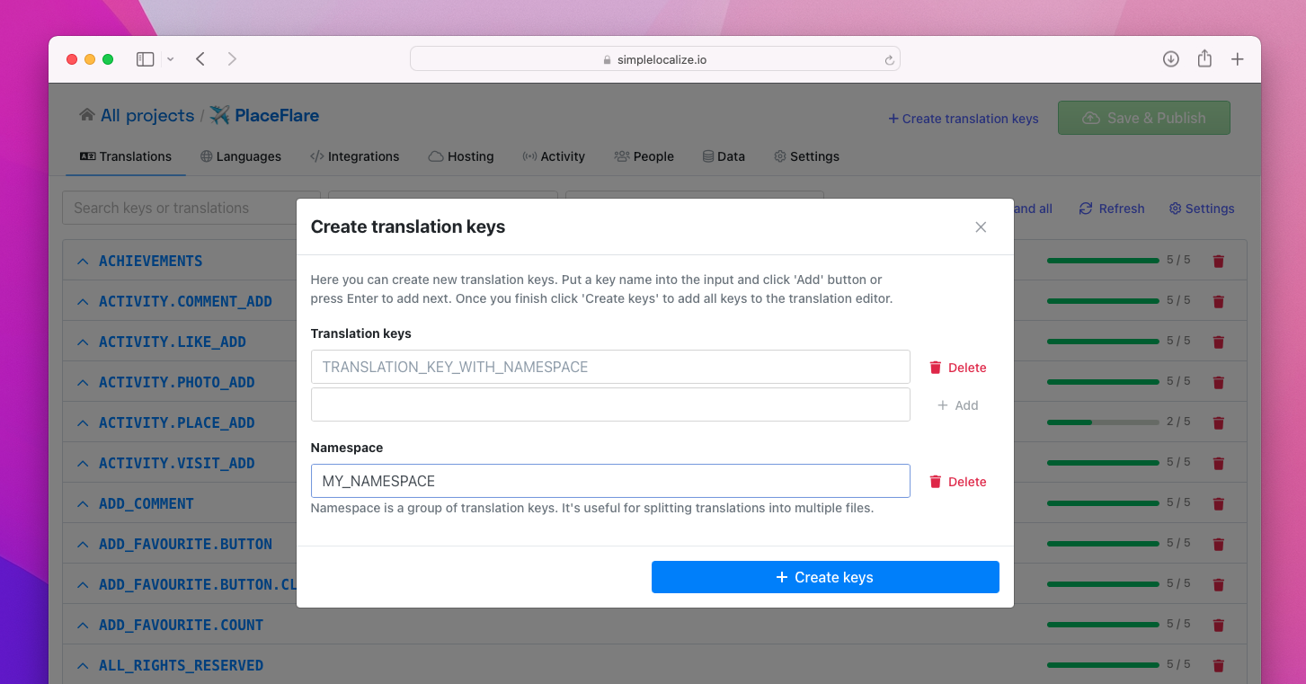 Edit translation keys namespaces