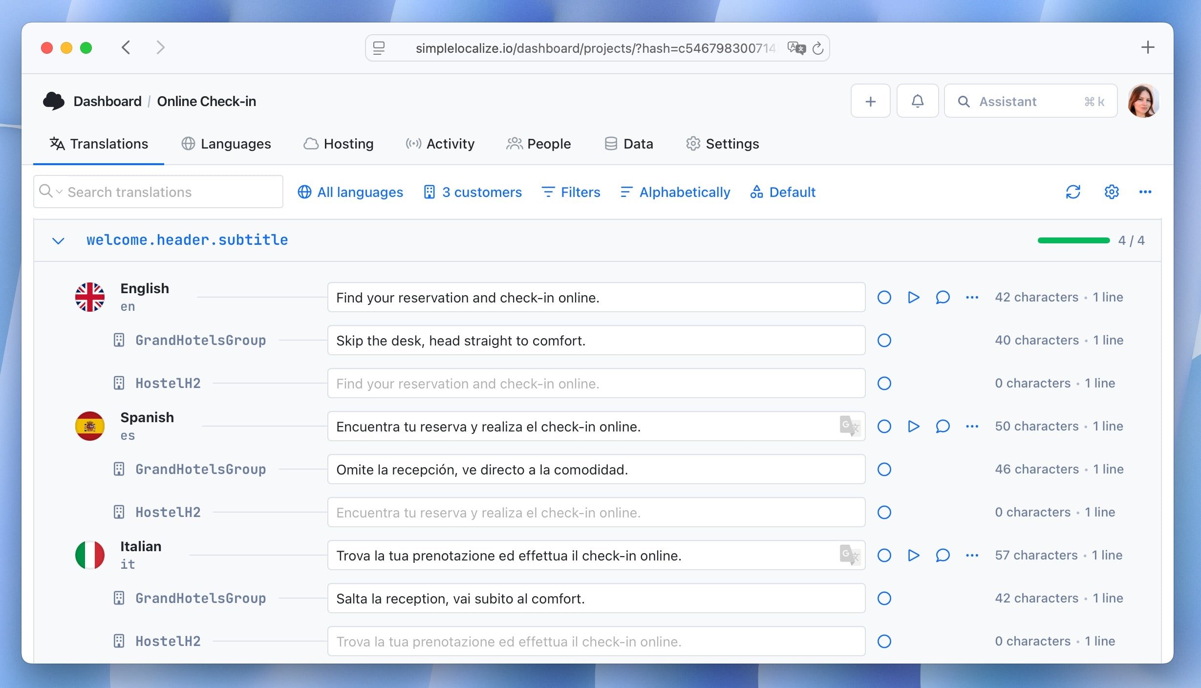 Customer context: review status & default translation