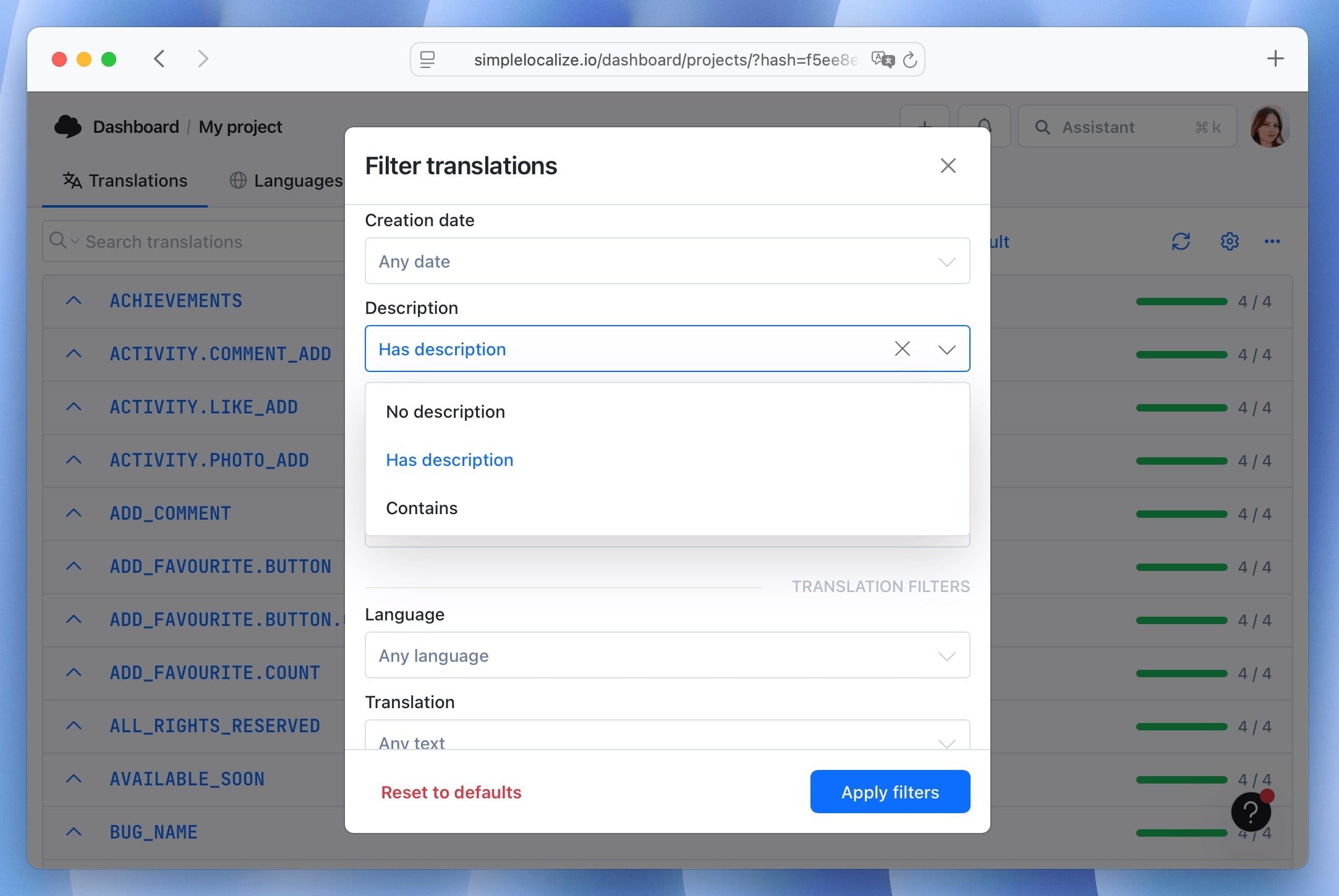 Filter by description