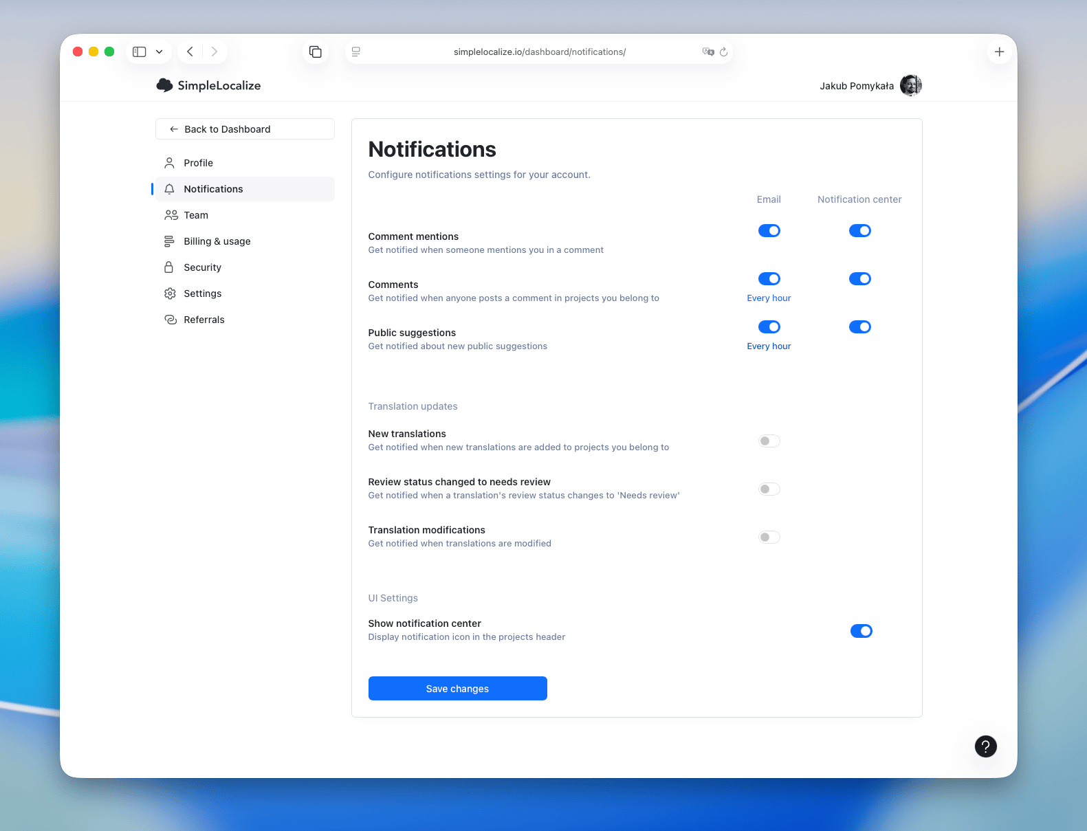 Notifications for translation updates
