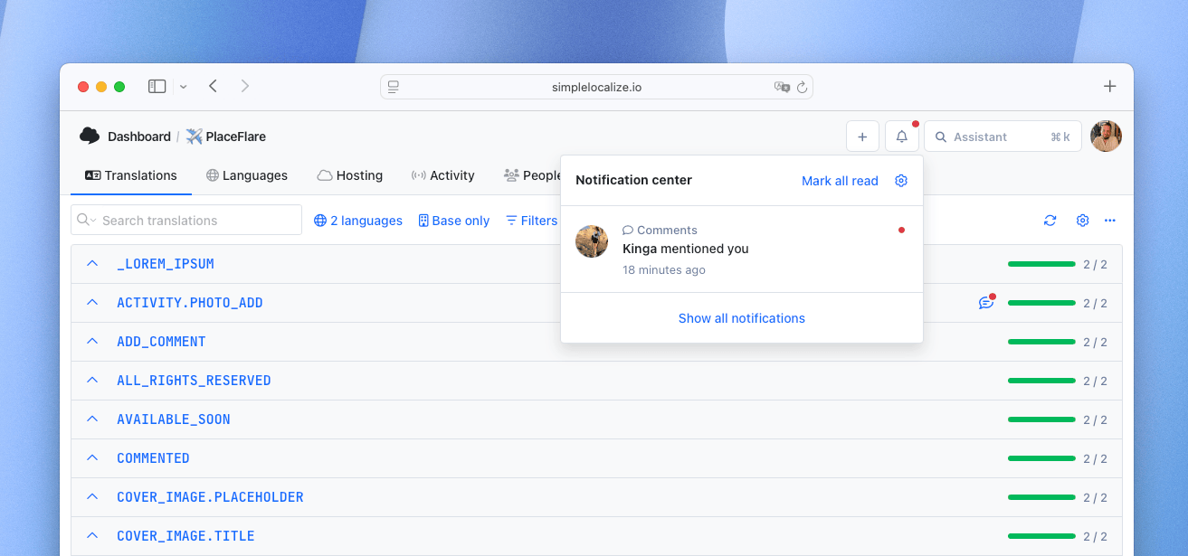 In-app notifications example
